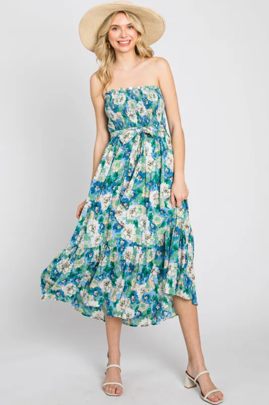 Blue Floral Smocked Strapless Midi Dress sold by Pinkblush