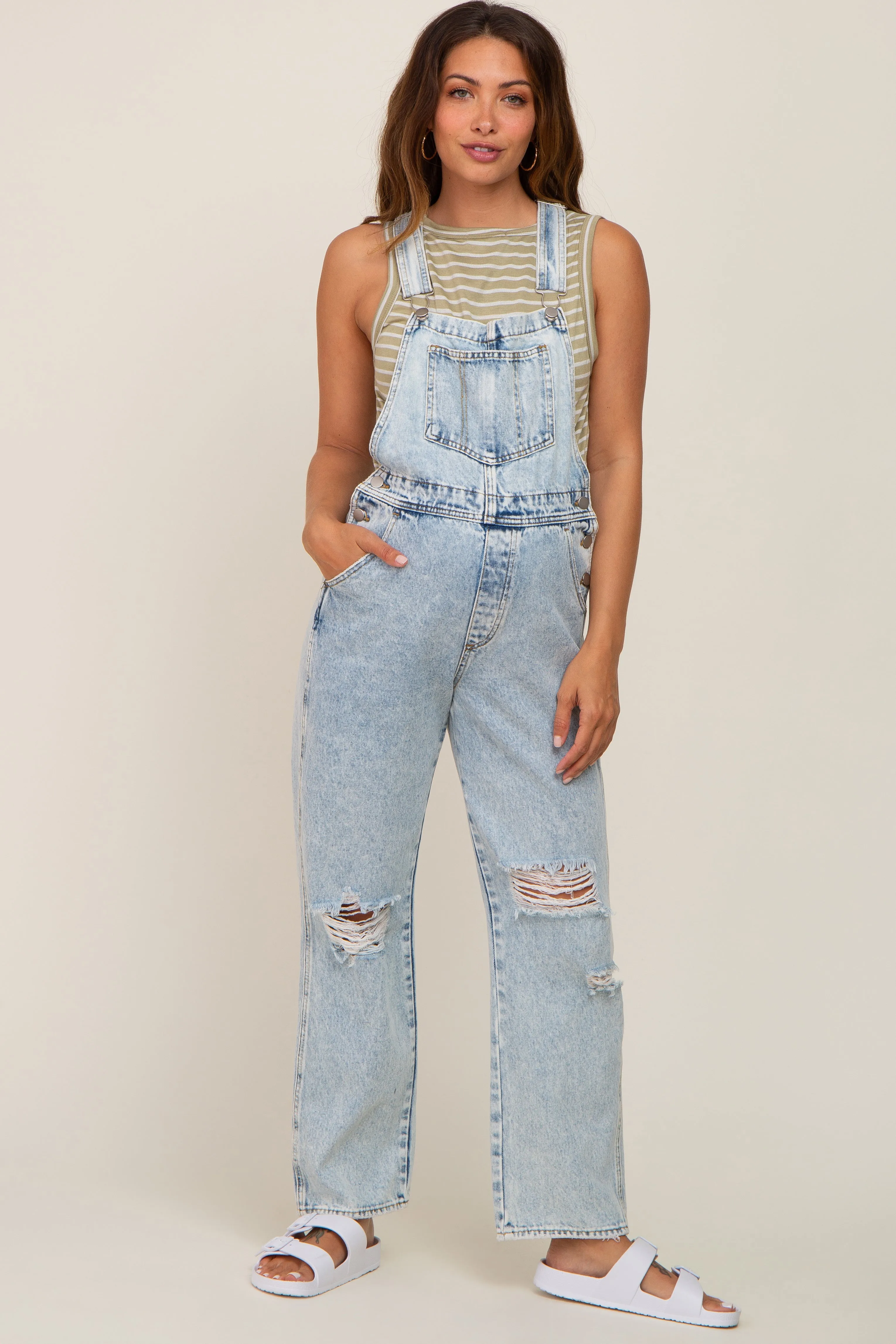 Light Wash Distressed Denim Maternity Overalls sold by Pinkblush product image thumbnail 4