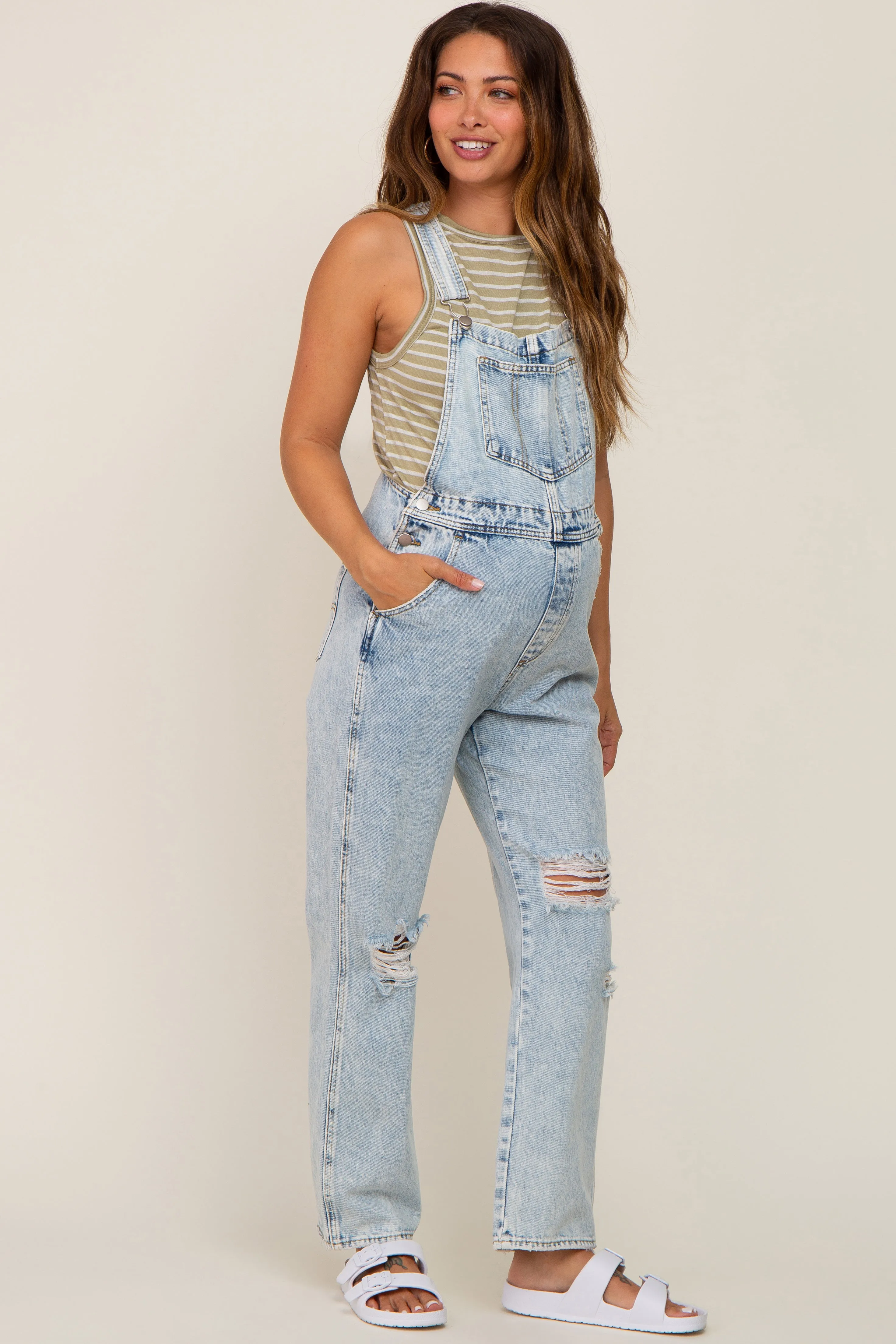 Light Wash Distressed Denim Maternity Overalls sold by Pinkblush product image thumbnail 2