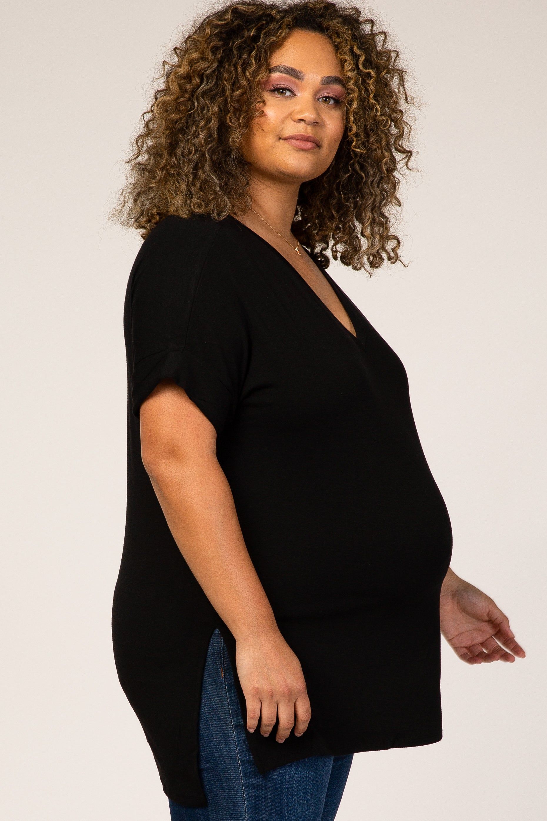 Black V-Neck Hi-Low Maternity Plus Top sold by Pinkblush product image thumbnail 2