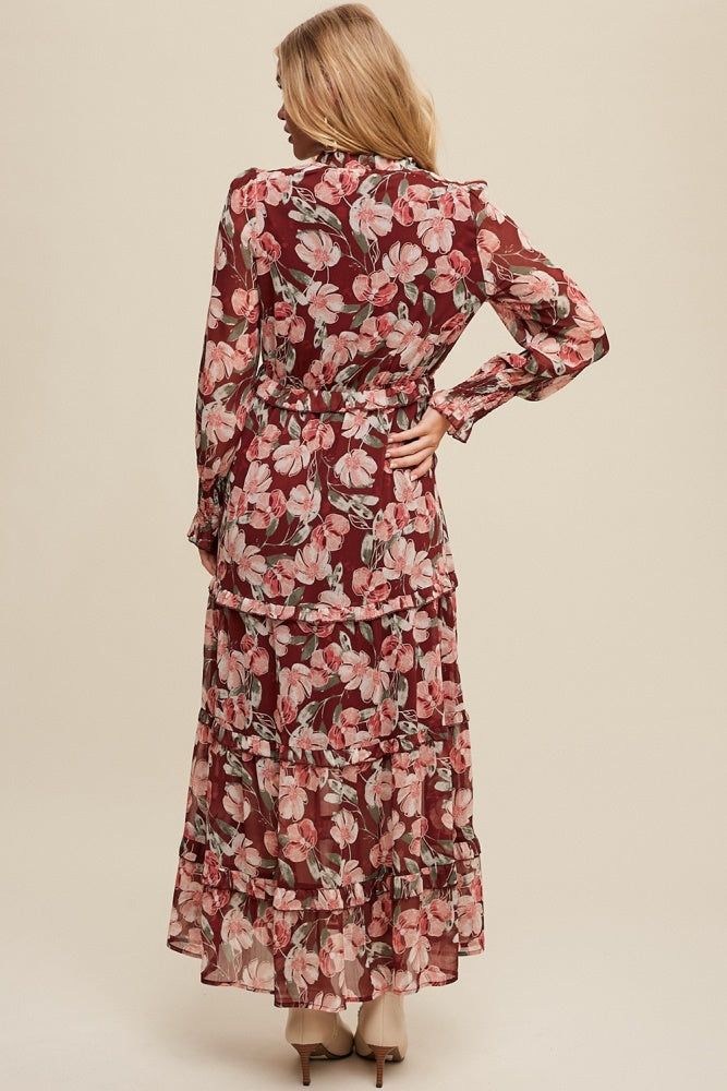 Magenta Floral Print V-Neck Ruffled Tiered Maxi Dress sold by Pinkblush product image thumbnail 4