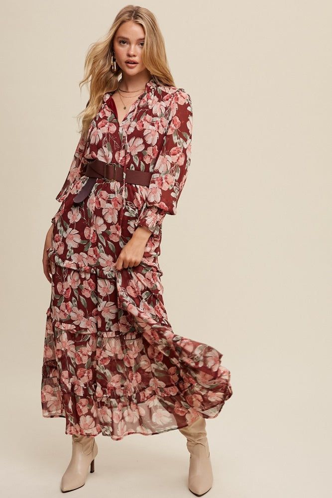 Magenta Floral Print V-Neck Ruffled Tiered Maxi Dress sold by Pinkblush
