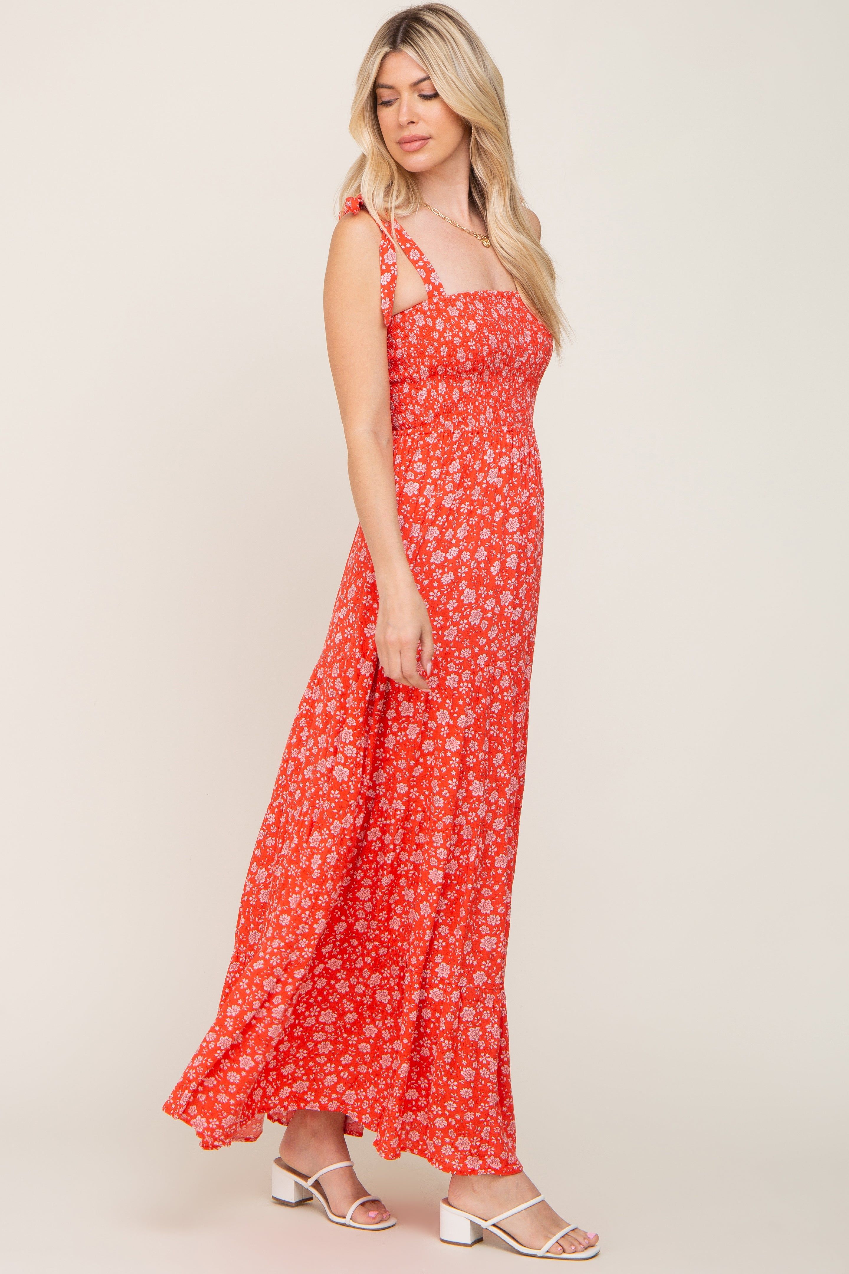 Coral Floral Square Neck Smocked Tiered Maxi Dress sold by Pinkblush product image thumbnail 2