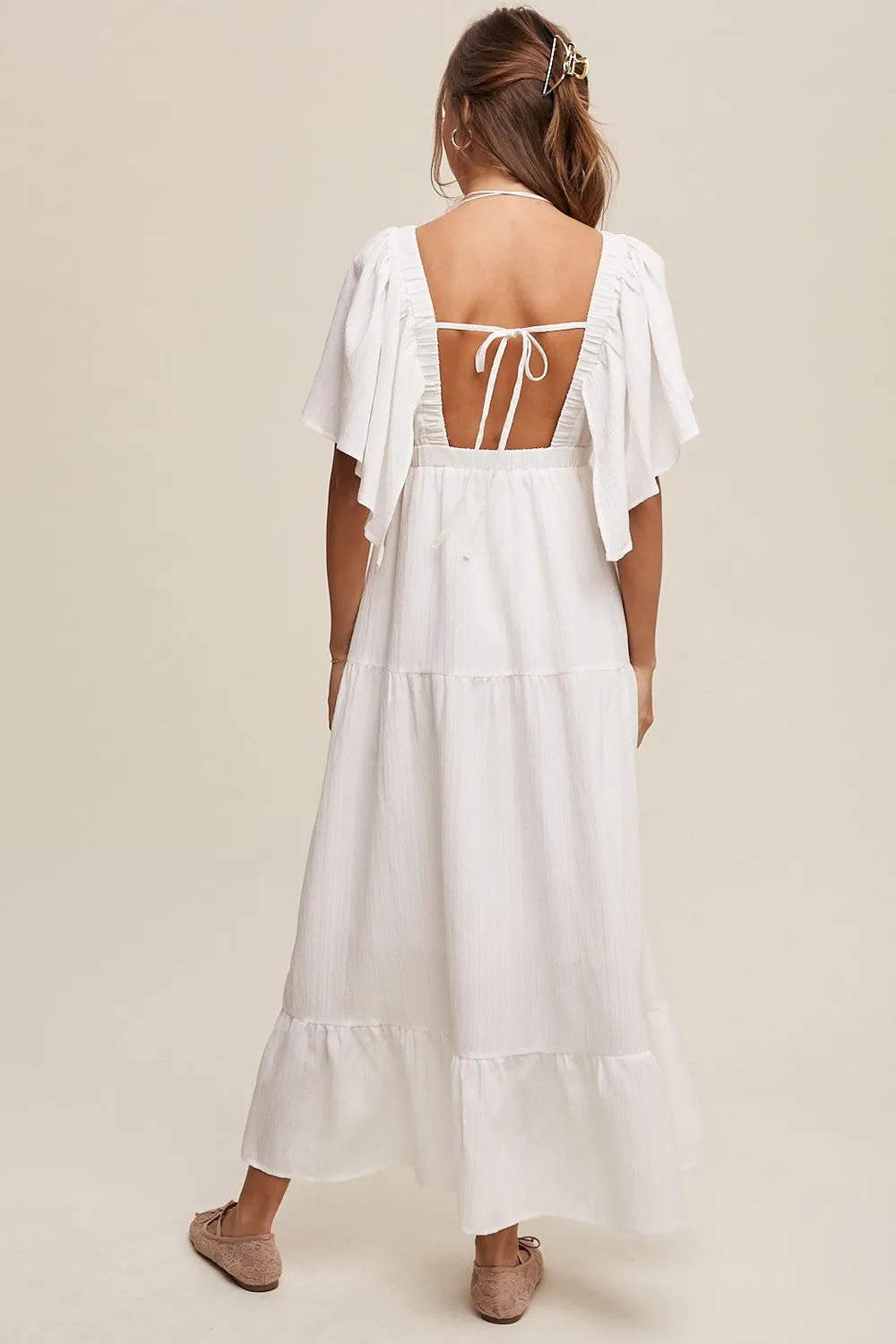 Ivory Deep V-Neck Flutter Sleeve Tiered Midi Dress sold by Pinkblush product image thumbnail 3