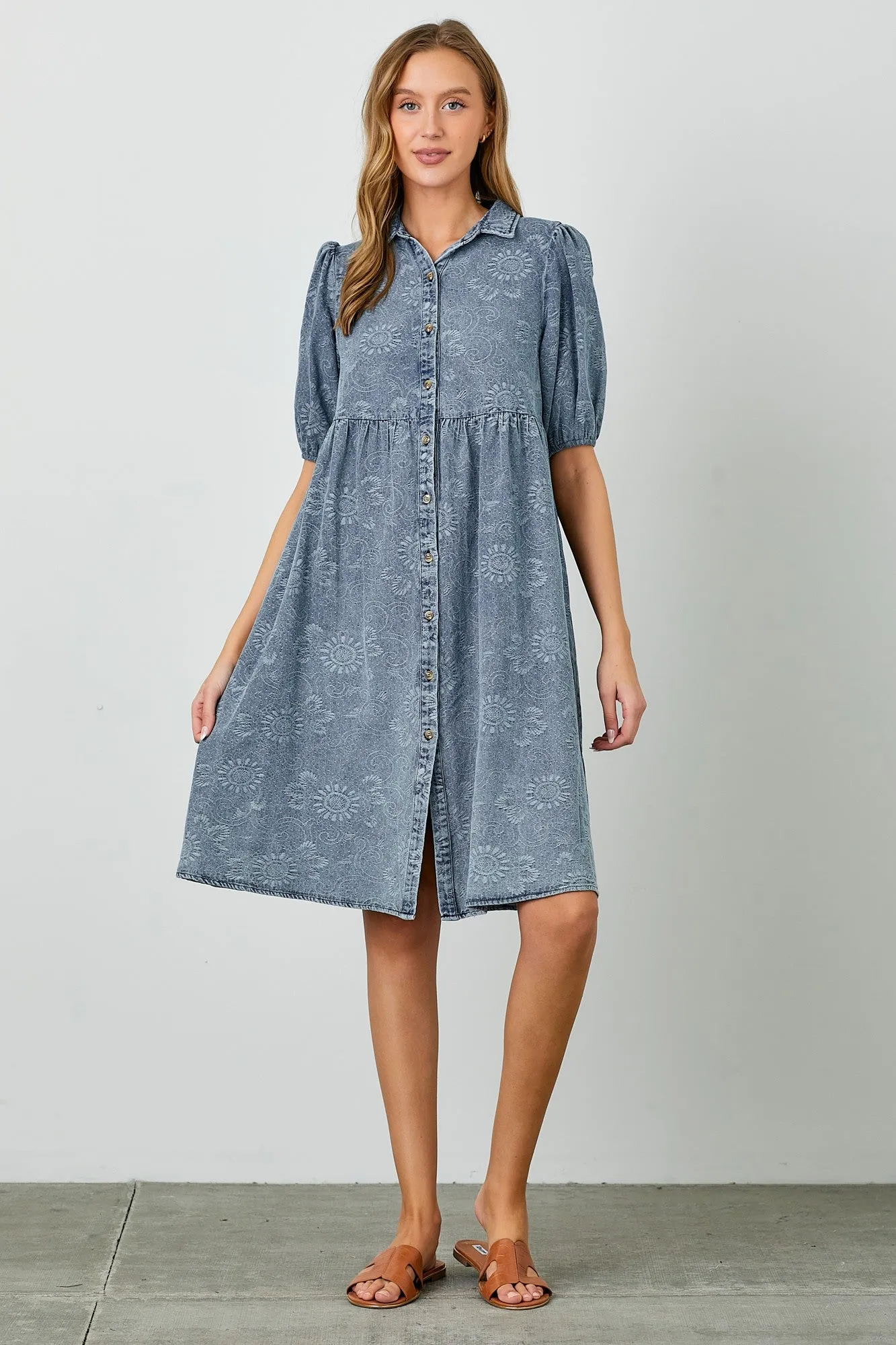 Blue Denim Button Front Short Puff Sleeve Dress sold by Pinkblush
