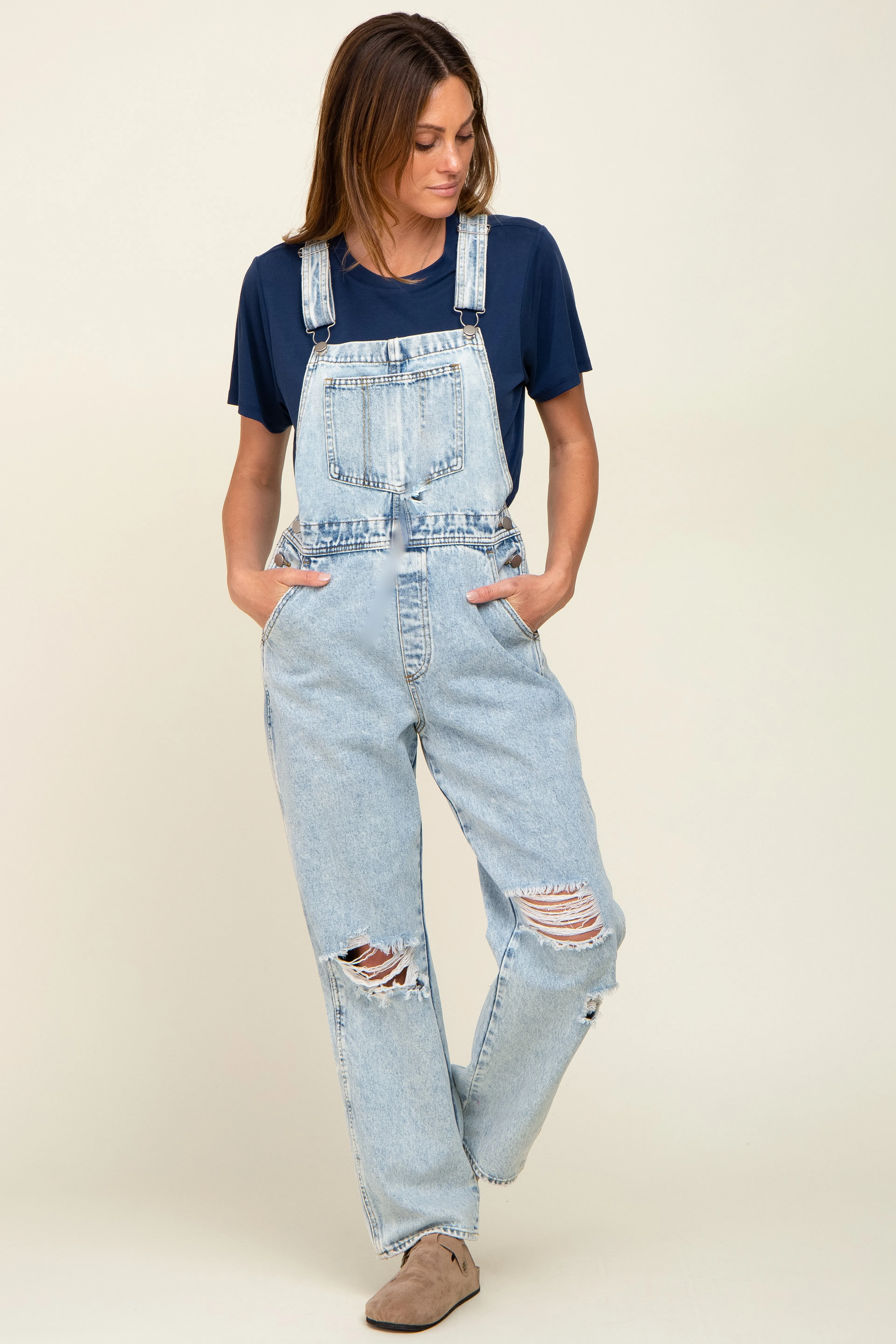 Light Wash Distressed Denim Maternity Overalls sold by Pinkblush product image thumbnail 5