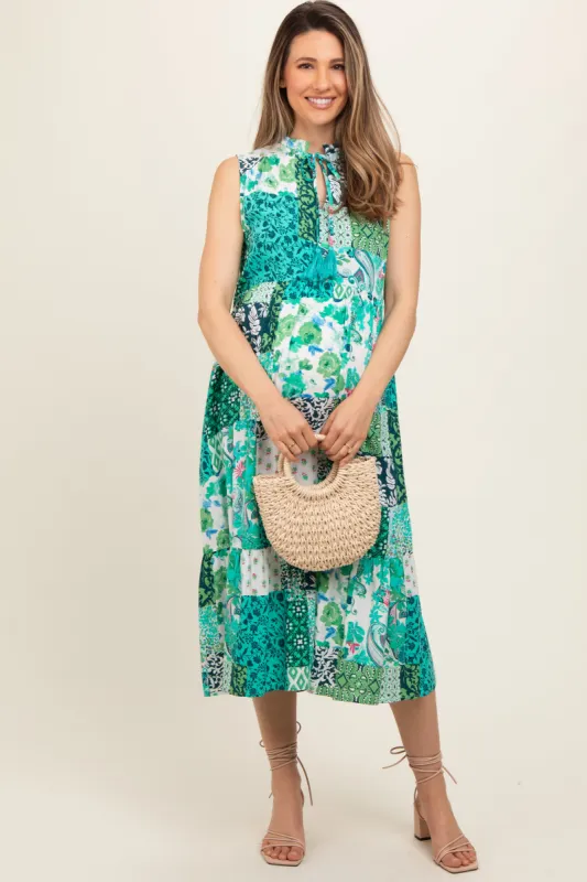 Emerald Green Floral Paisley Tassel Tie Ruffle Hem Maternity Midi Dress sold by Pinkblush