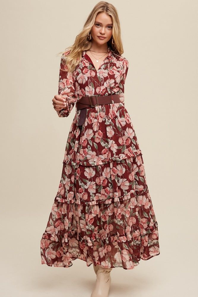 Magenta Floral Print V-Neck Ruffled Tiered Maxi Dress sold by Pinkblush product image thumbnail 2