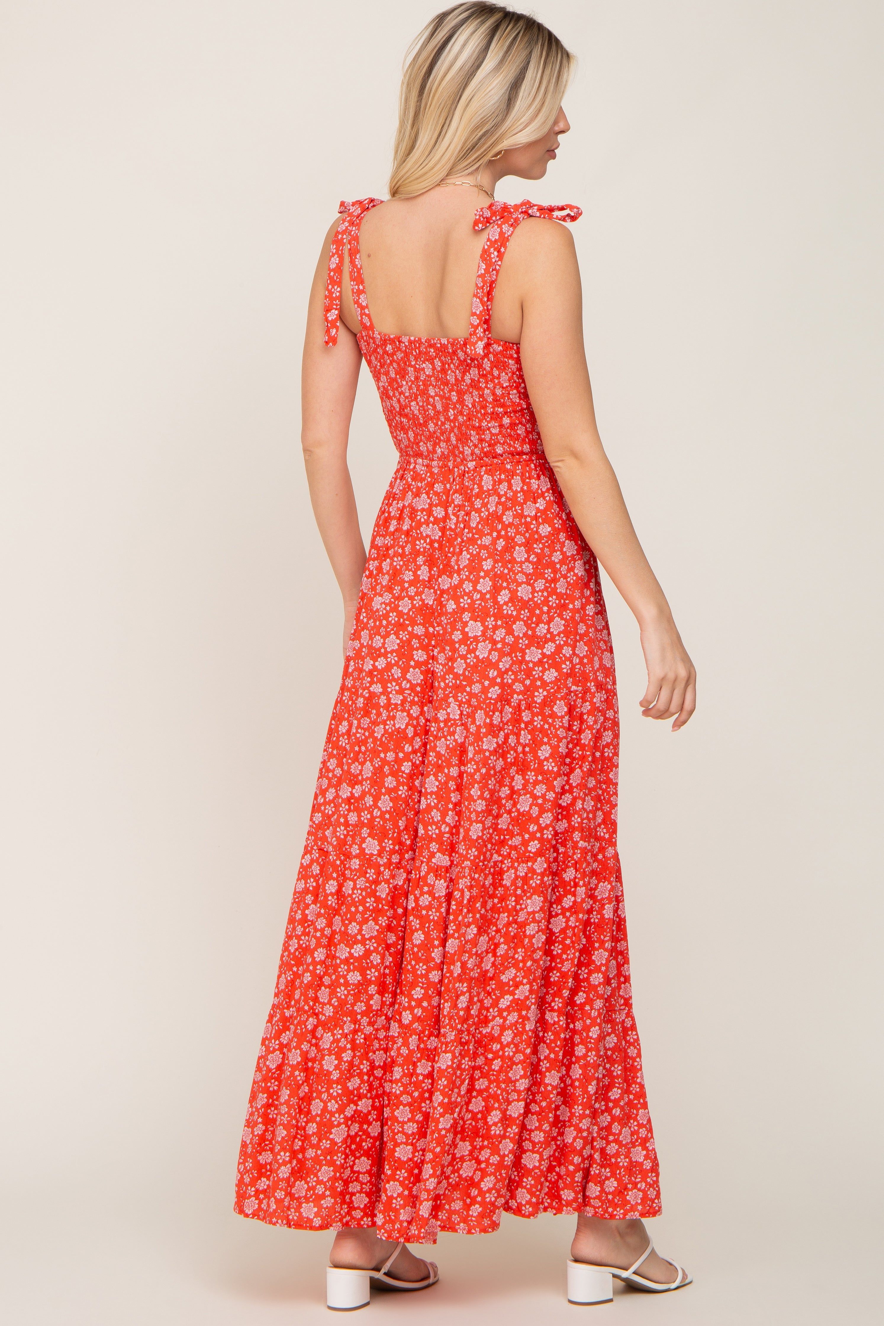 Coral Floral Square Neck Smocked Tiered Maxi Dress sold by Pinkblush product image thumbnail 3