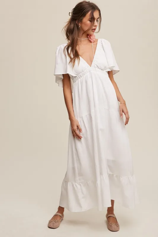 Ivory Deep V-Neck Flutter Sleeve Tiered Midi Dress sold by Pinkblush