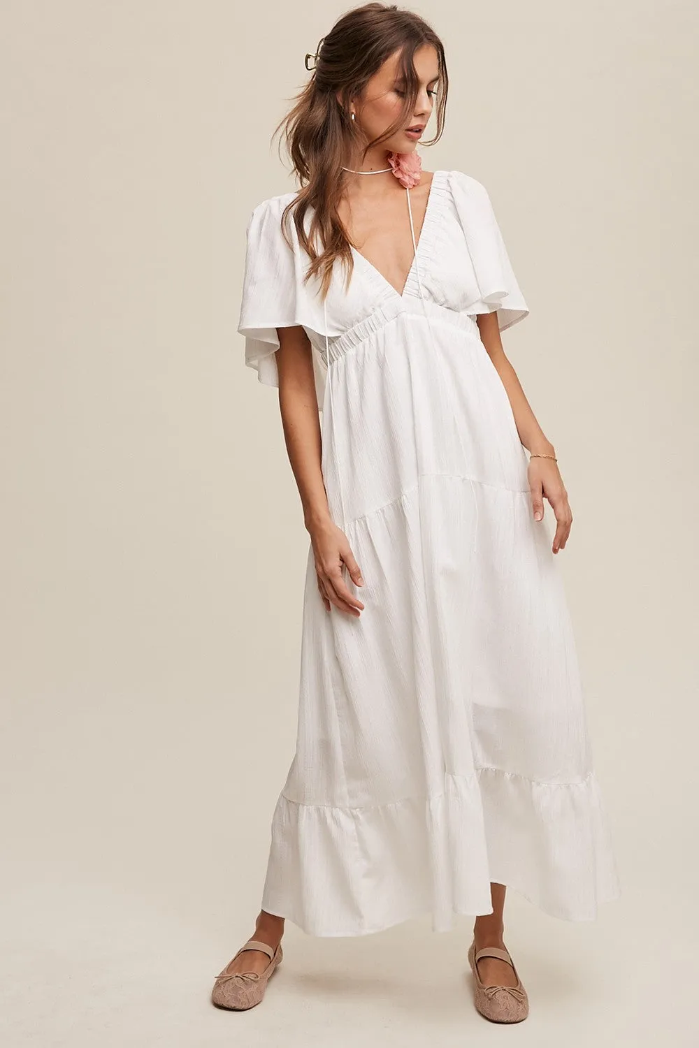 Ivory Deep V-Neck Flutter Sleeve Tiered Midi Dress sold by Pinkblush