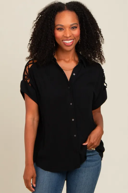 Black Button Down Lace-Up Shoulder Top sold by Pinkblush