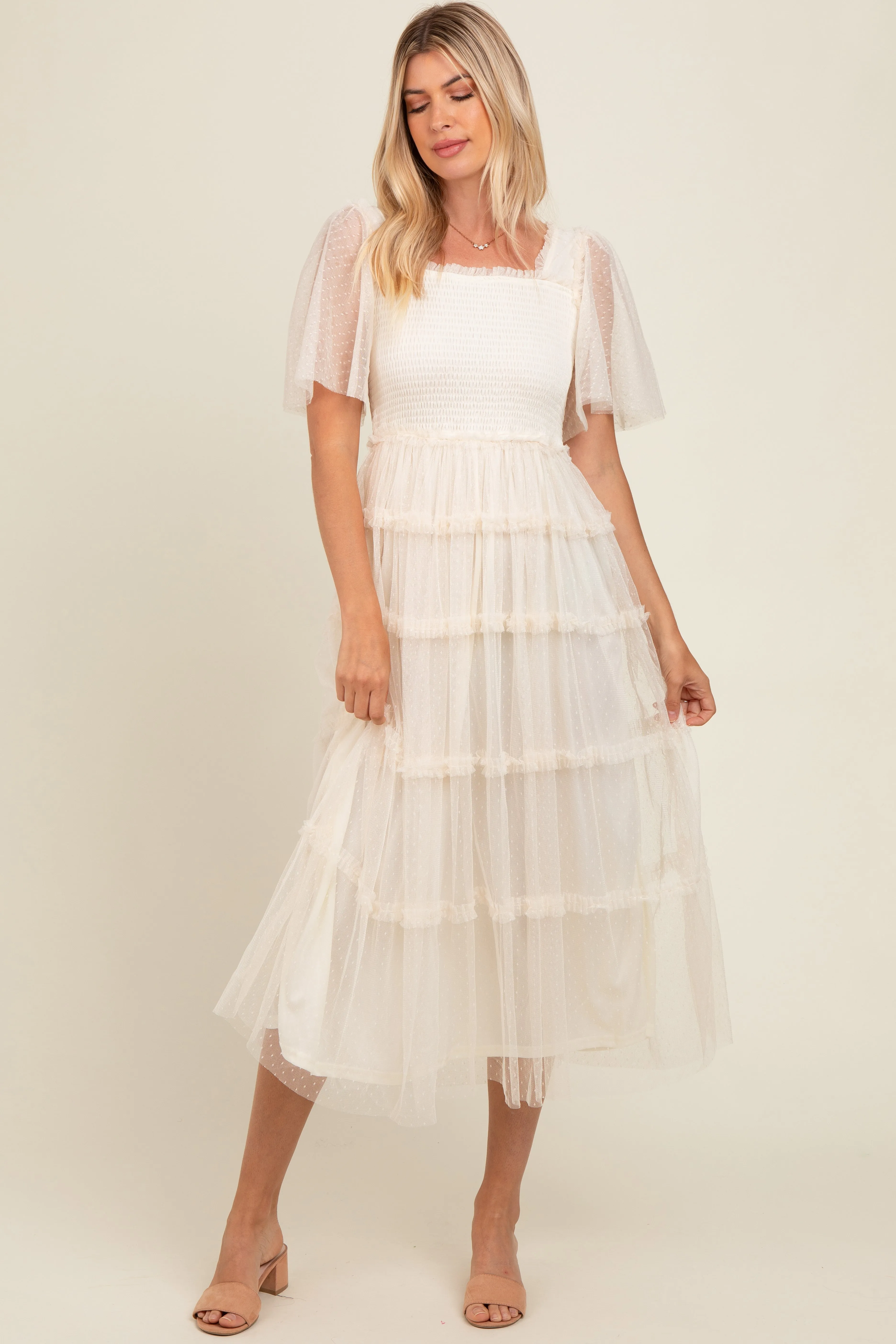 Beige Ruffled Mesh Maxi Dress sold by Pinkblush product image thumbnail 2