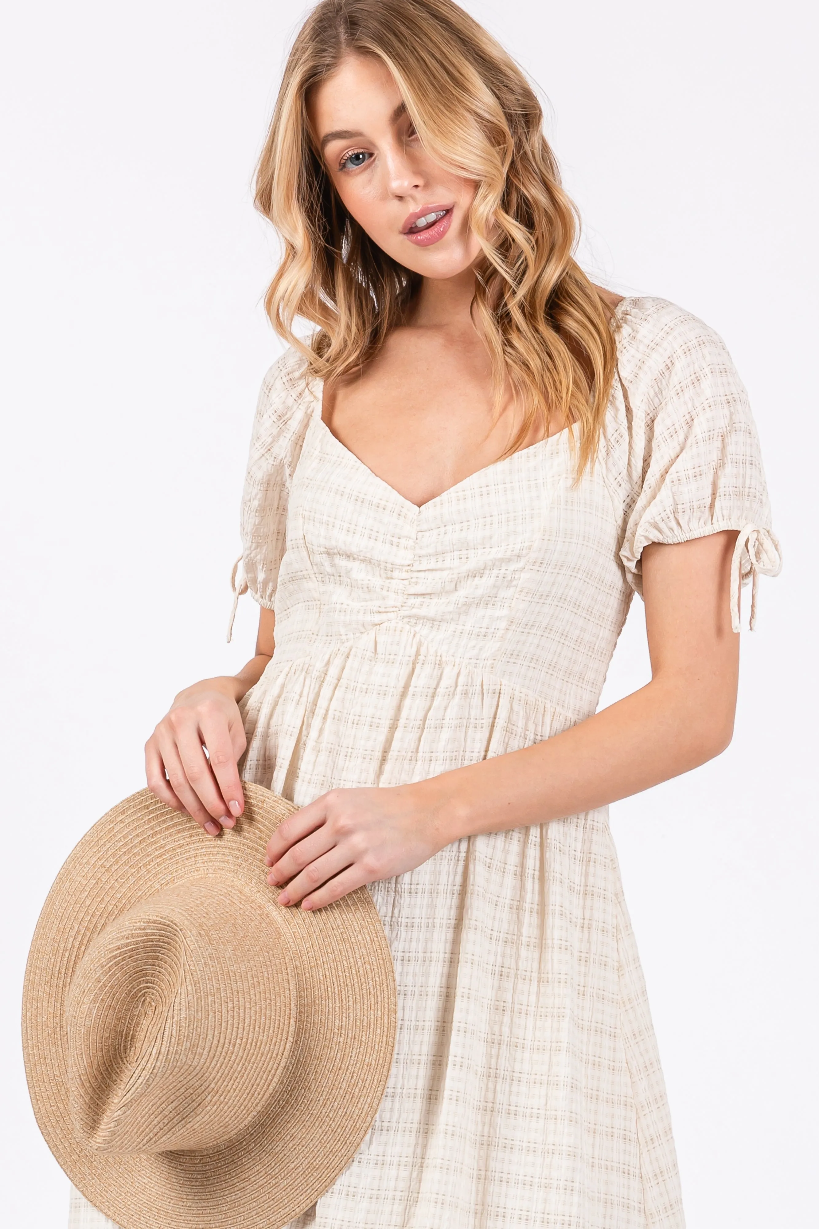 Ivory Textured Plaid Puff Short Sleeve Midi Dress sold by Pinkblush product image thumbnail 5