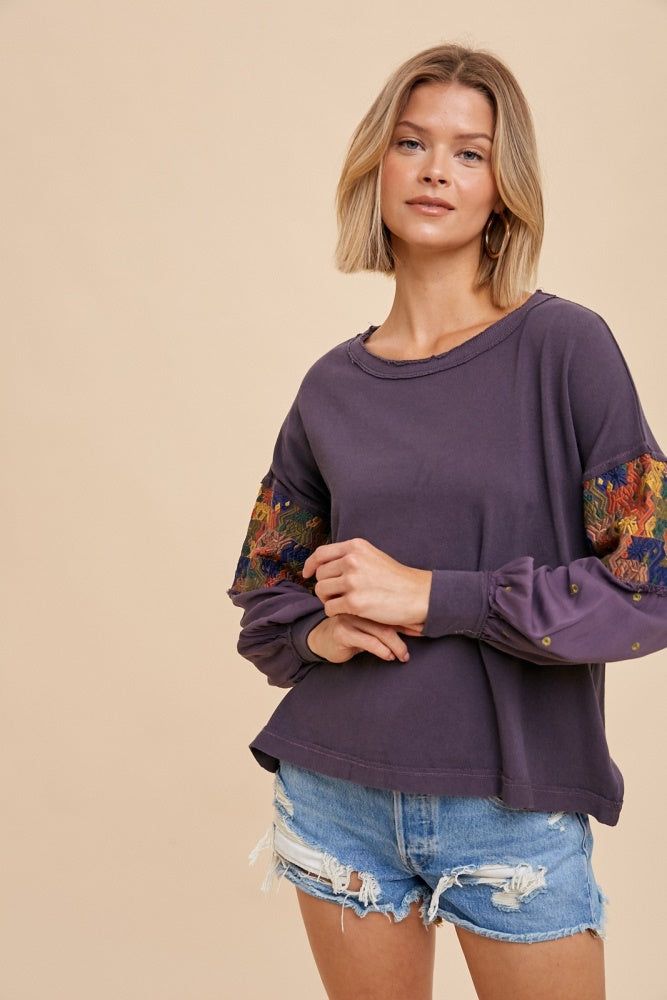 Charcoal Embroidered Sleeve Long Sleeve Tee sold by Pinkblush