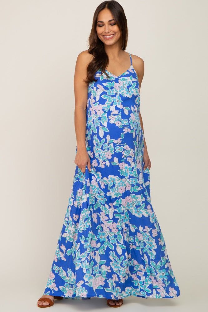Blue Floral Sleeveless Maternity Maxi Dress sold by Pinkblush
