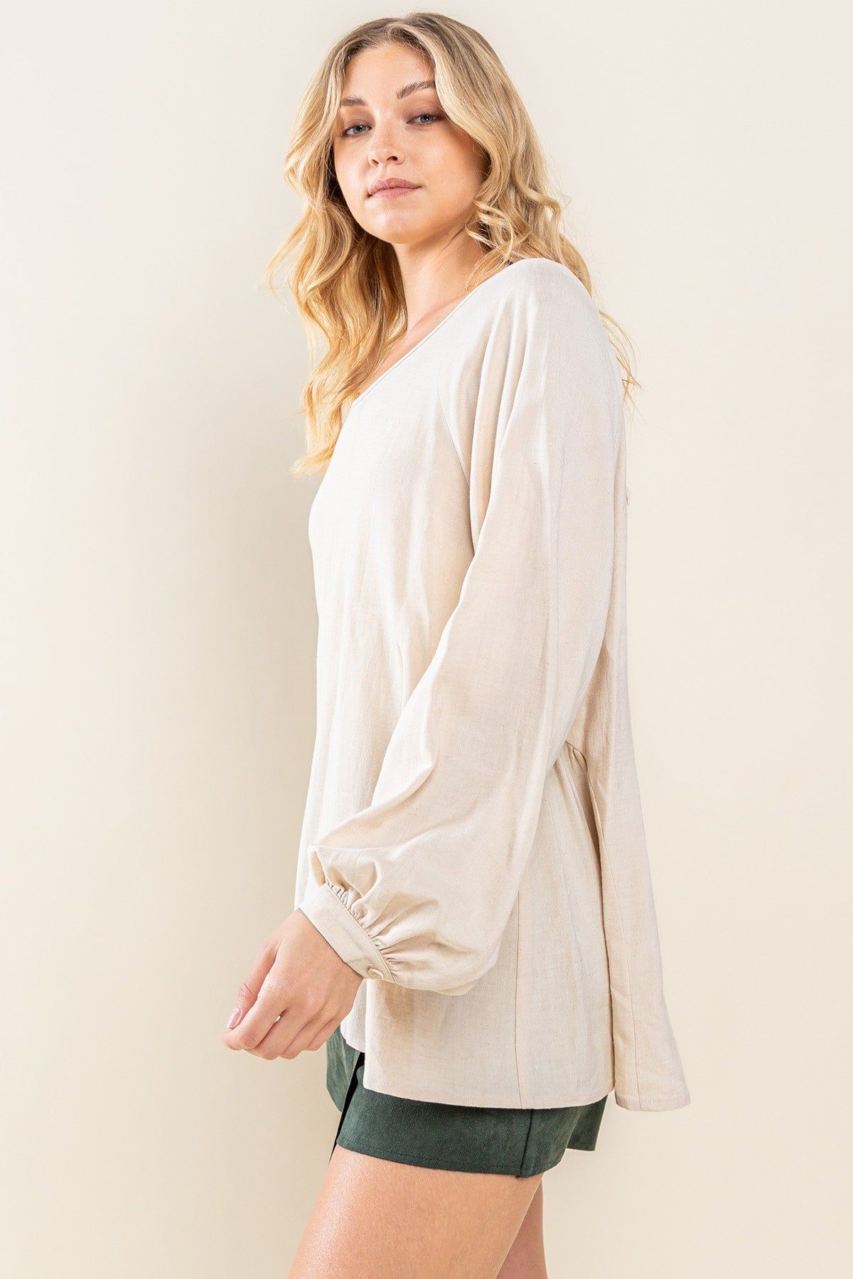 Cream Round Neck Back Tie Flare Blouse sold by Pinkblush product image thumbnail 2