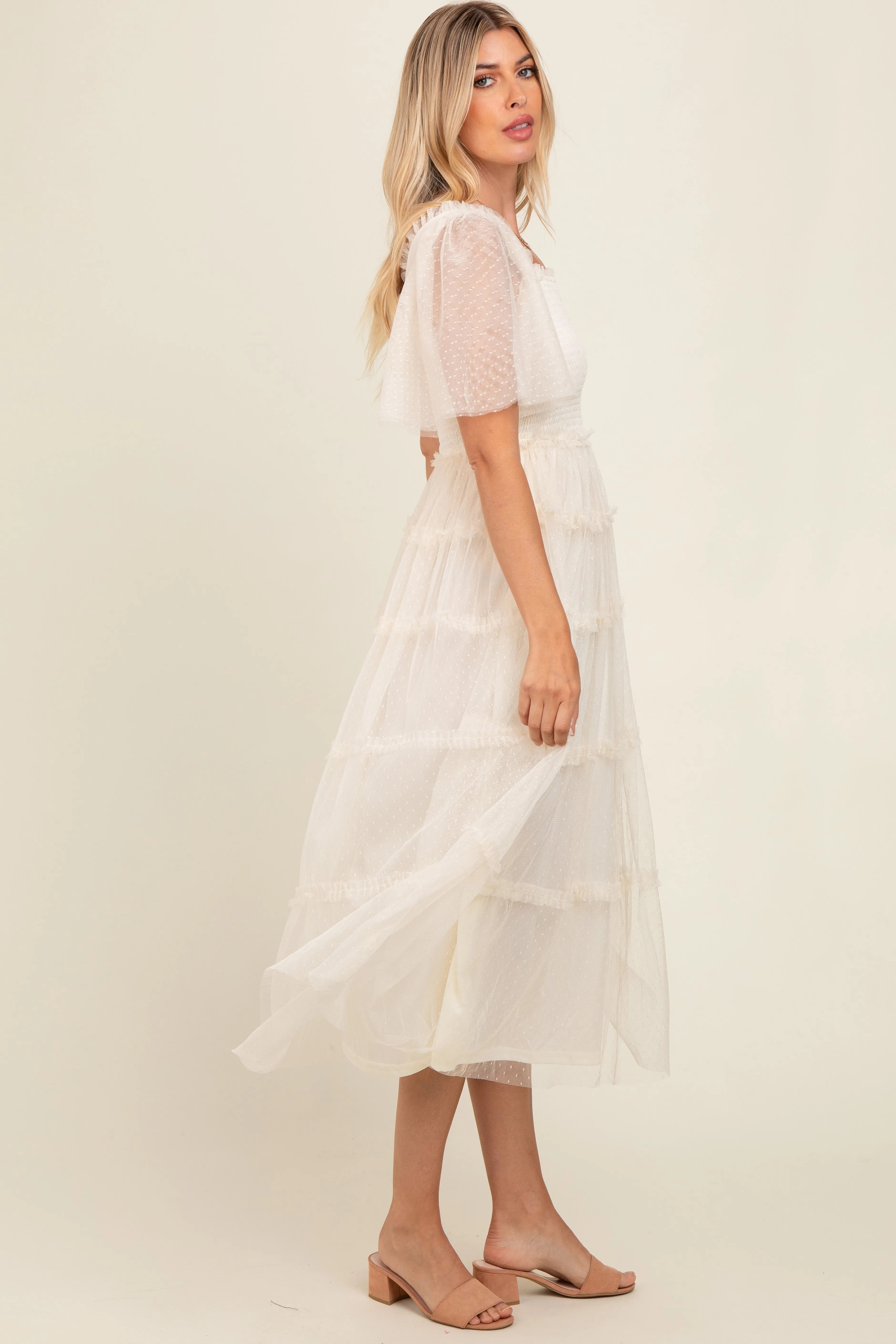 Ivory Textured Plaid Puff Short Sleeve Midi Dress sold by Pinkblush product image thumbnail 2