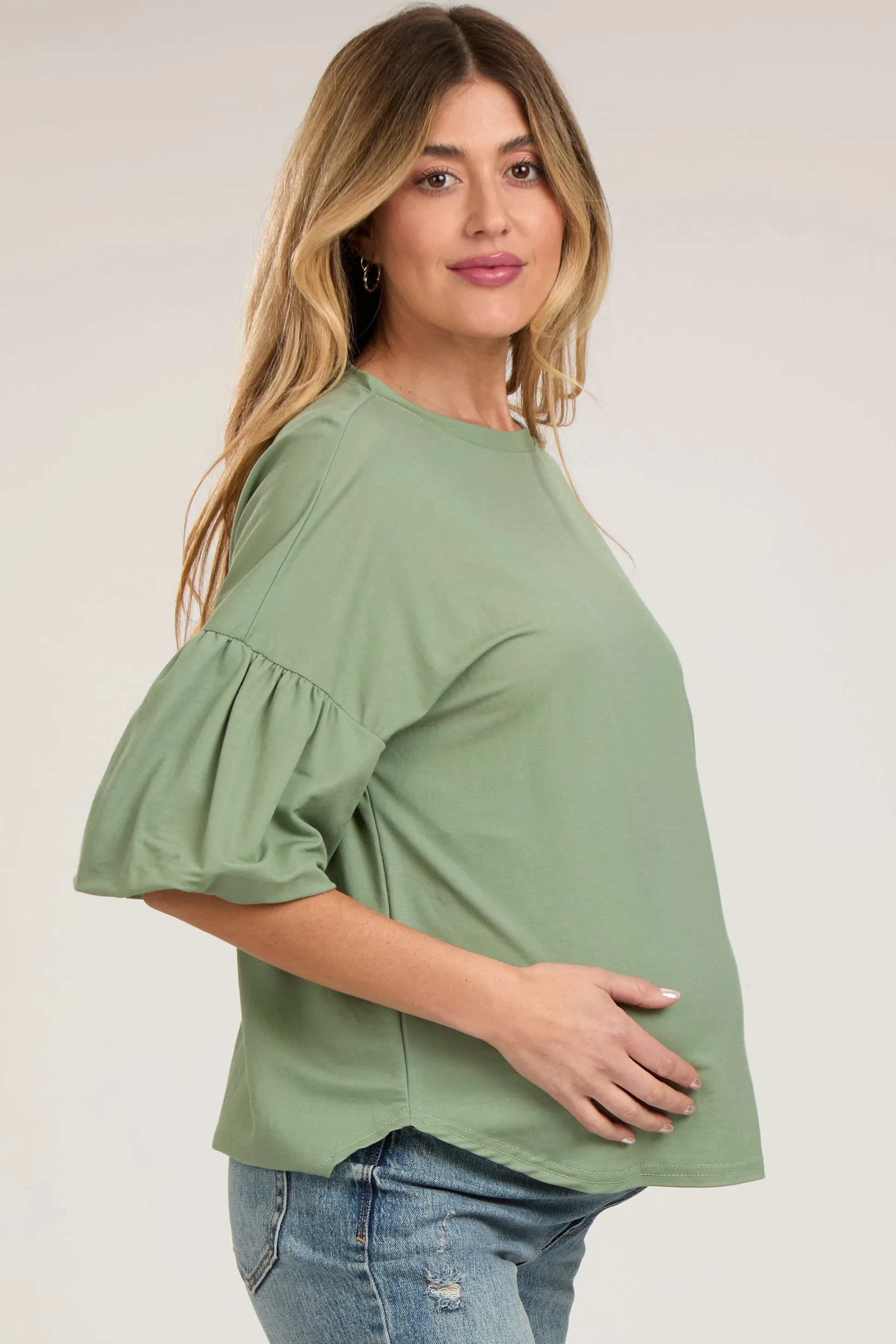 Light Olive Drop Shoulder Puff Sleeve Maternity Top sold by Pinkblush product image thumbnail 2
