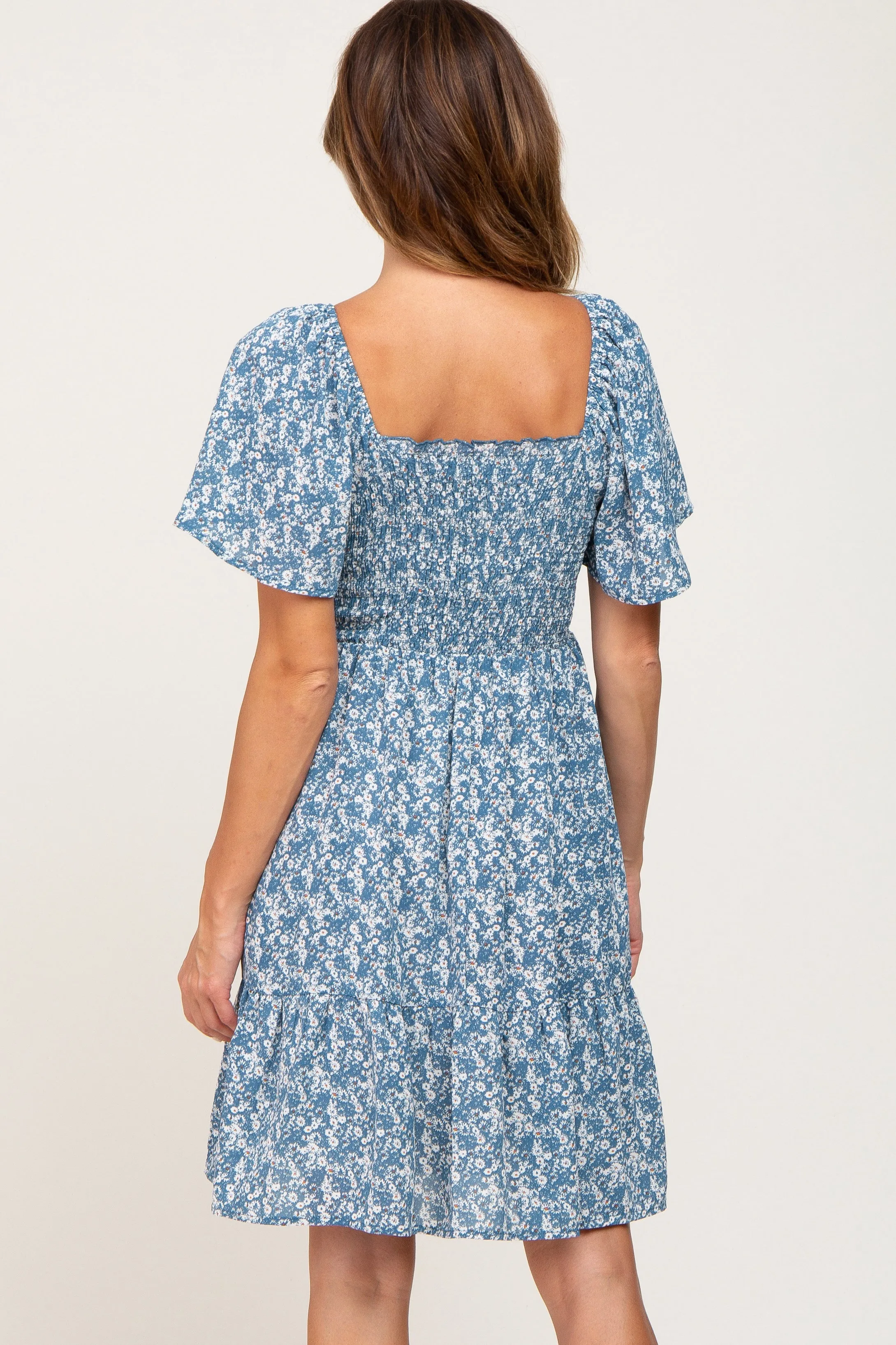Blue Floral Print Smocked Dress sold by Pinkblush product image thumbnail 3