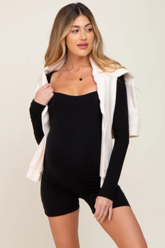 Black Square Neck Long Sleeve Maternity Romper sold by Pinkblush
