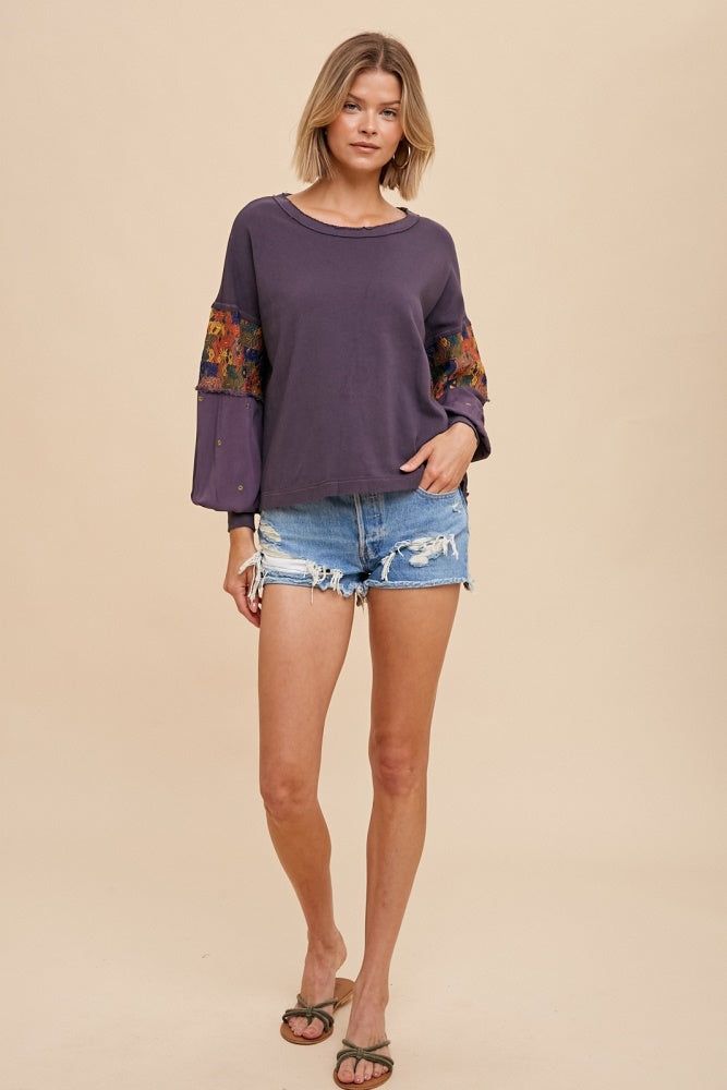 Charcoal Embroidered Sleeve Long Sleeve Tee sold by Pinkblush product image thumbnail 5