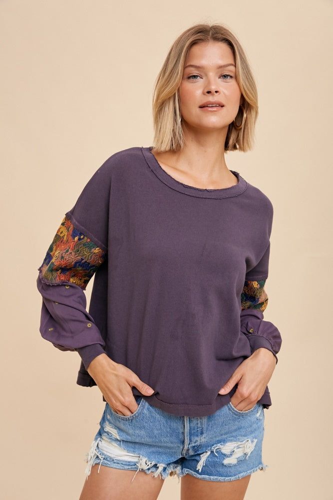 Charcoal Embroidered Sleeve Long Sleeve Tee sold by Pinkblush product image thumbnail 2