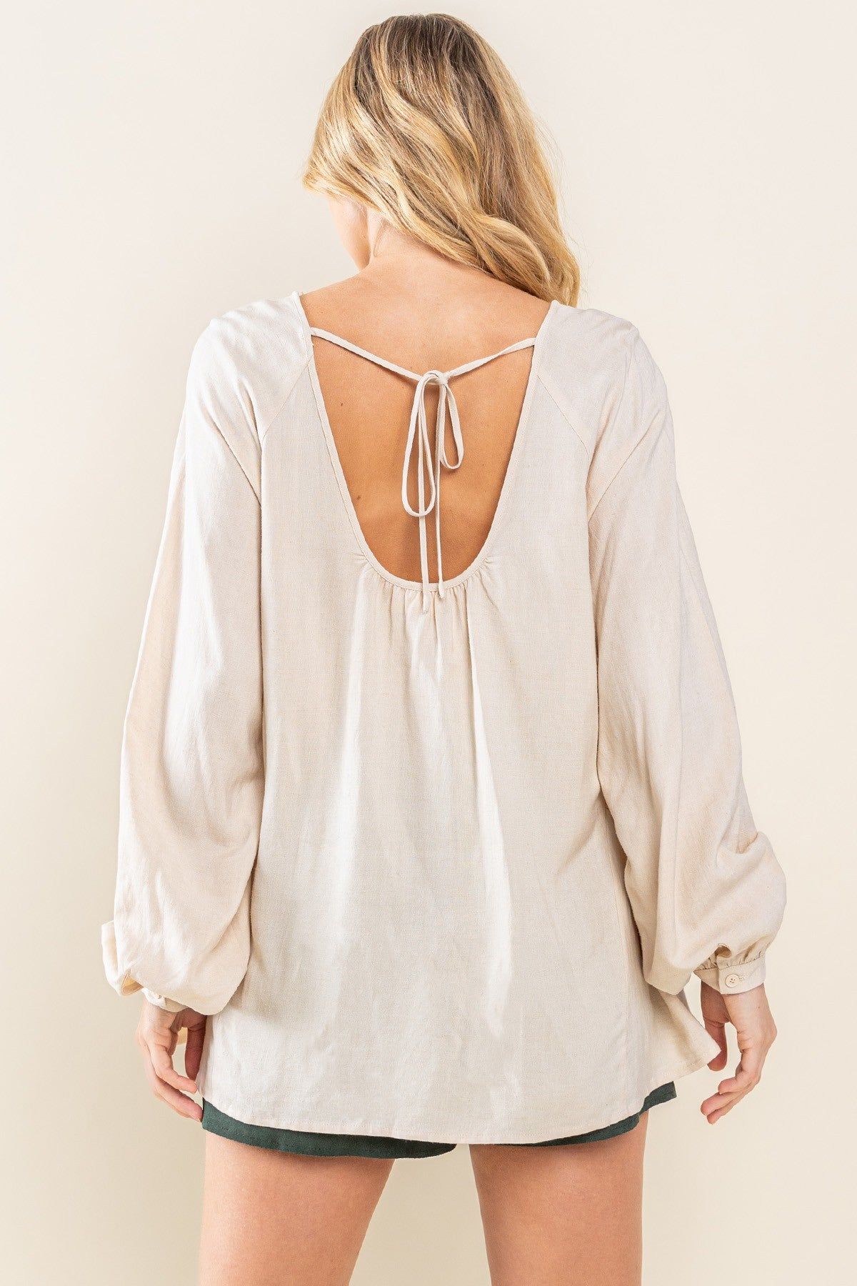 Cream Round Neck Back Tie Flare Blouse sold by Pinkblush product image thumbnail 3