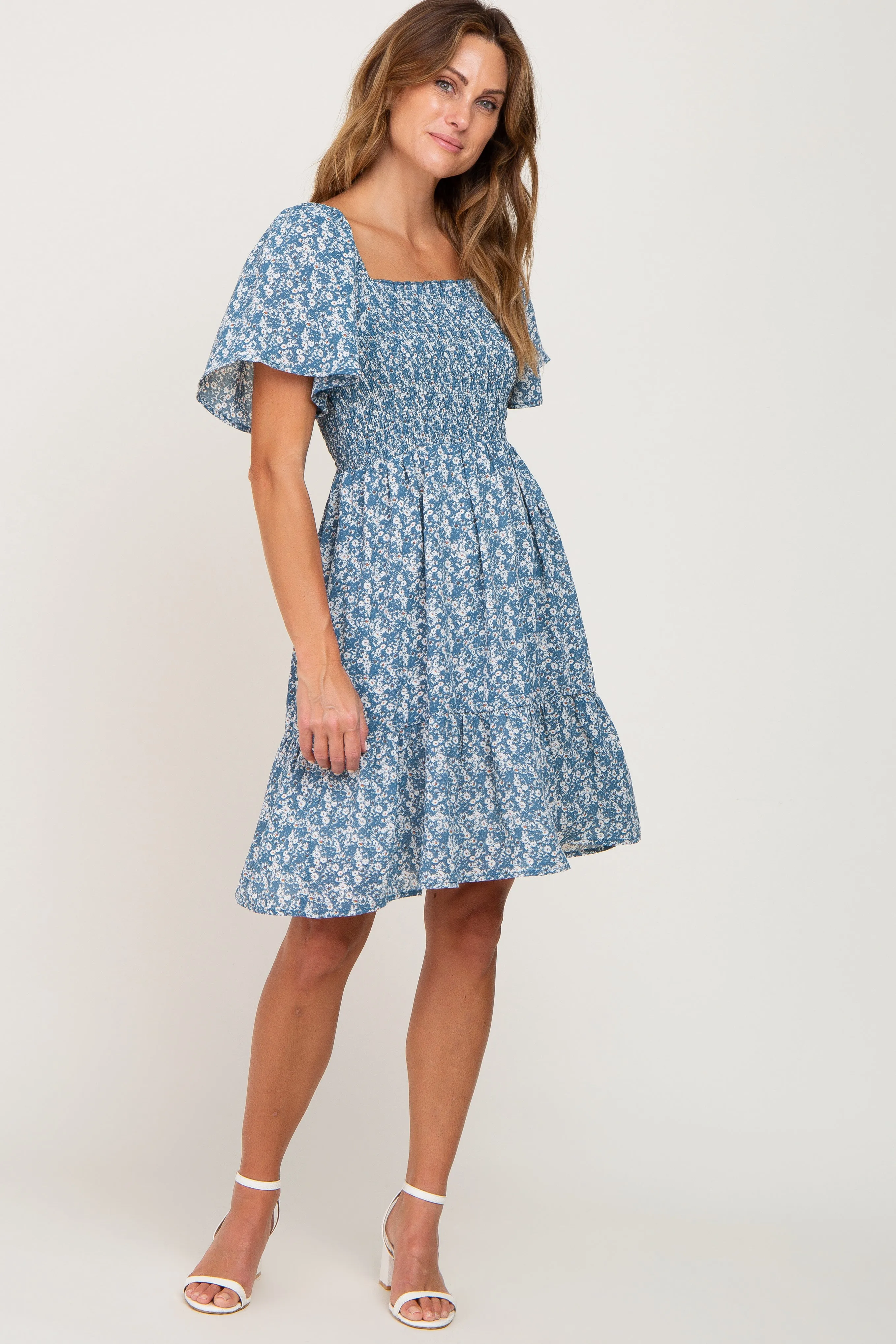 Blue Floral Print Smocked Dress sold by Pinkblush product image thumbnail 4