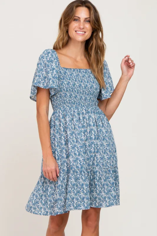 Blue Floral Print Smocked Dress sold by Pinkblush