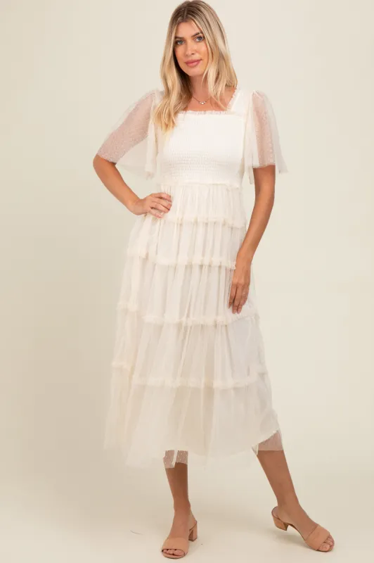 Beige Ruffled Mesh Maxi Dress sold by Pinkblush