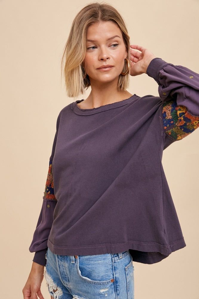 Charcoal Embroidered Sleeve Long Sleeve Tee sold by Pinkblush product image thumbnail 3