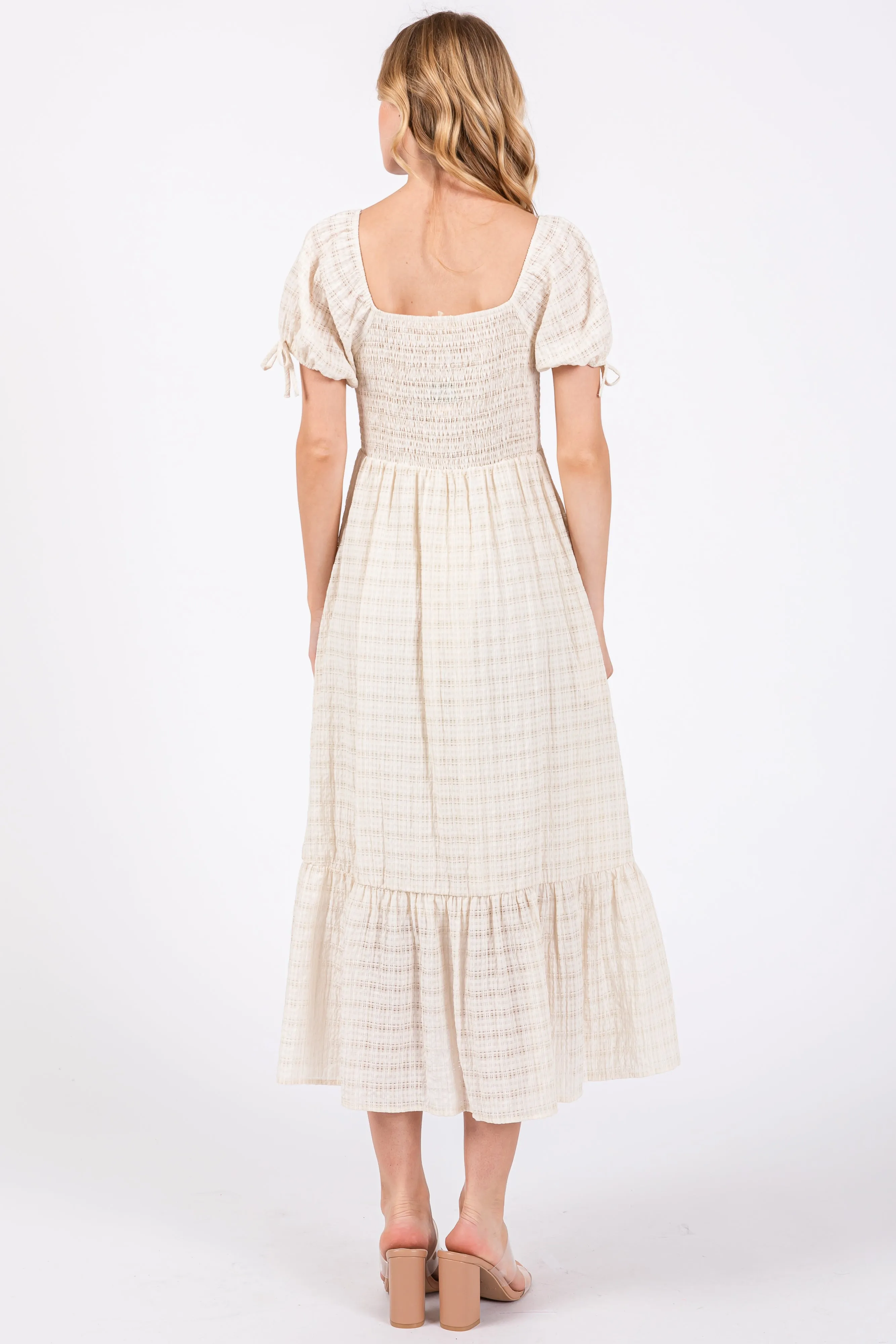 Ivory Textured Plaid Puff Short Sleeve Midi Dress sold by Pinkblush product image thumbnail 4