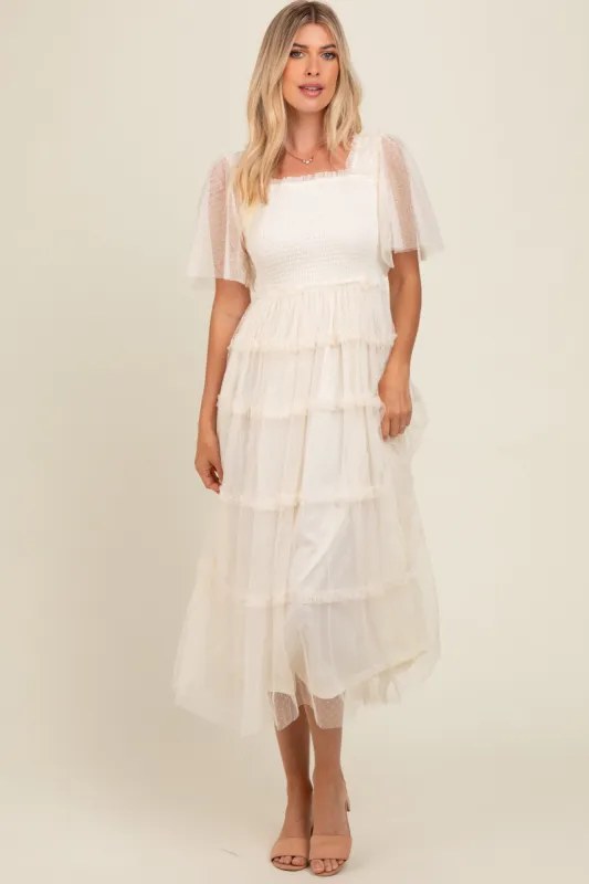 Ivory Textured Plaid Puff Short Sleeve Midi Dress sold by Pinkblush