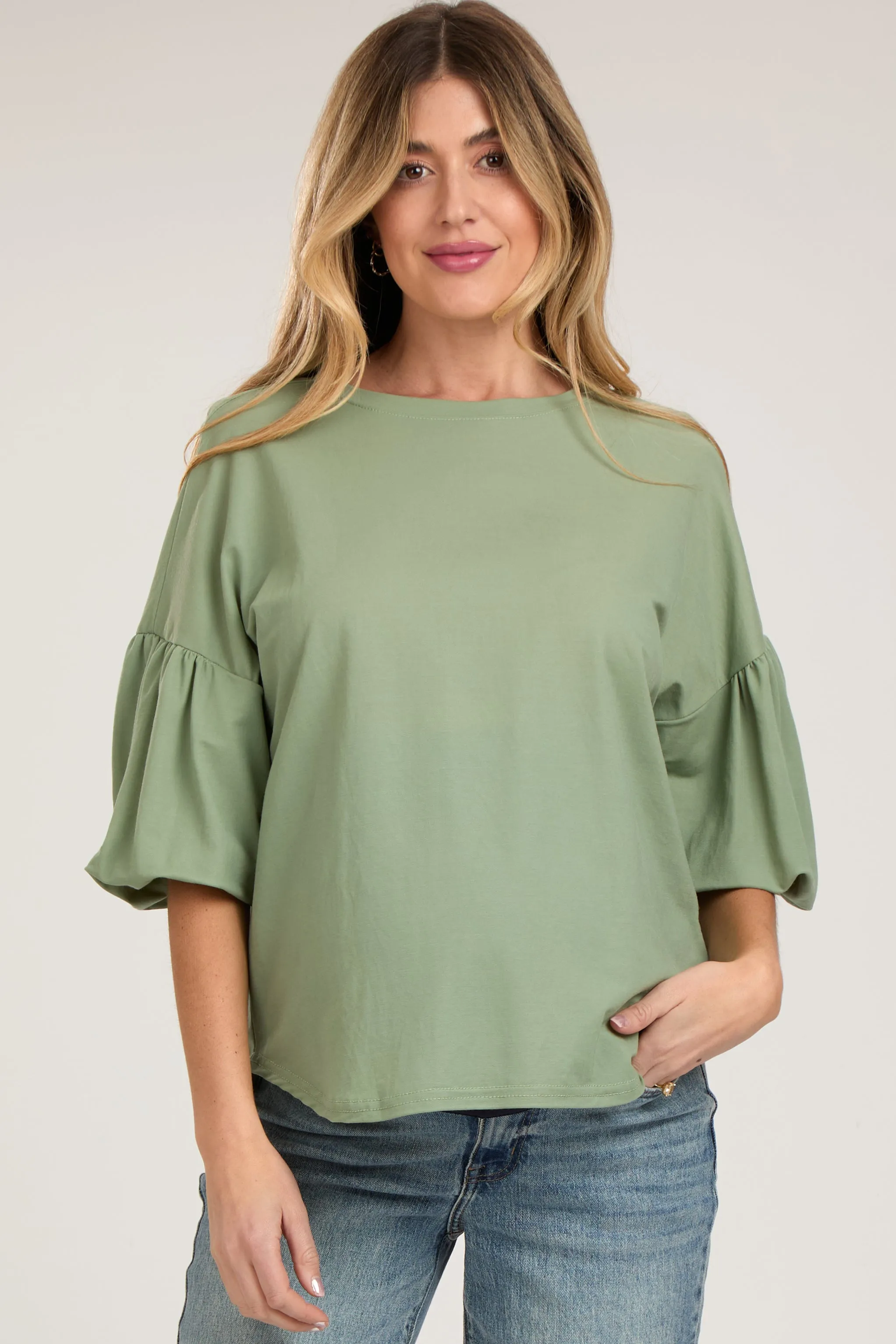 Light Olive Drop Shoulder Puff Sleeve Maternity Top sold by Pinkblush