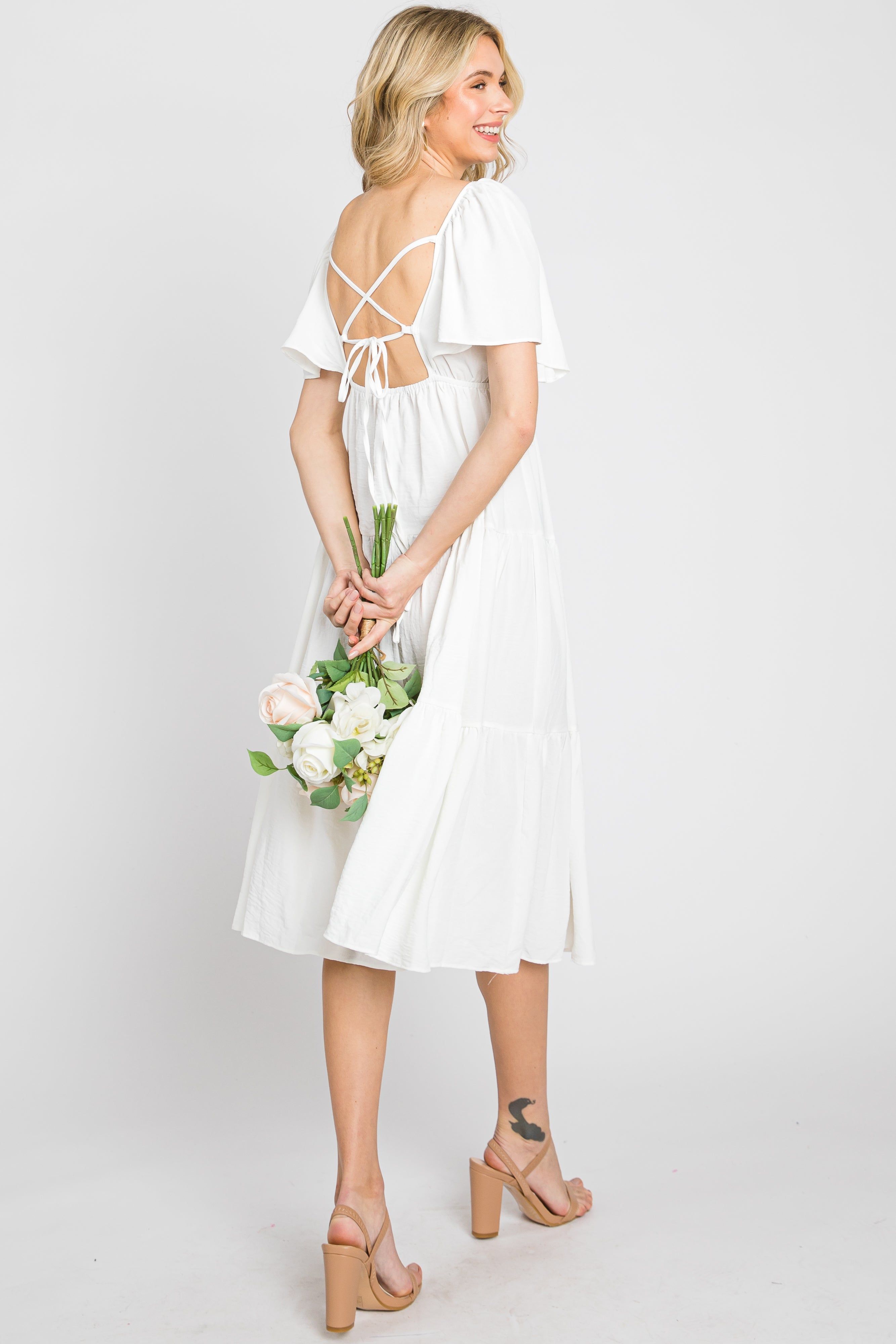 White Tiered Criss Cross Back Midi Dress sold by Pinkblush