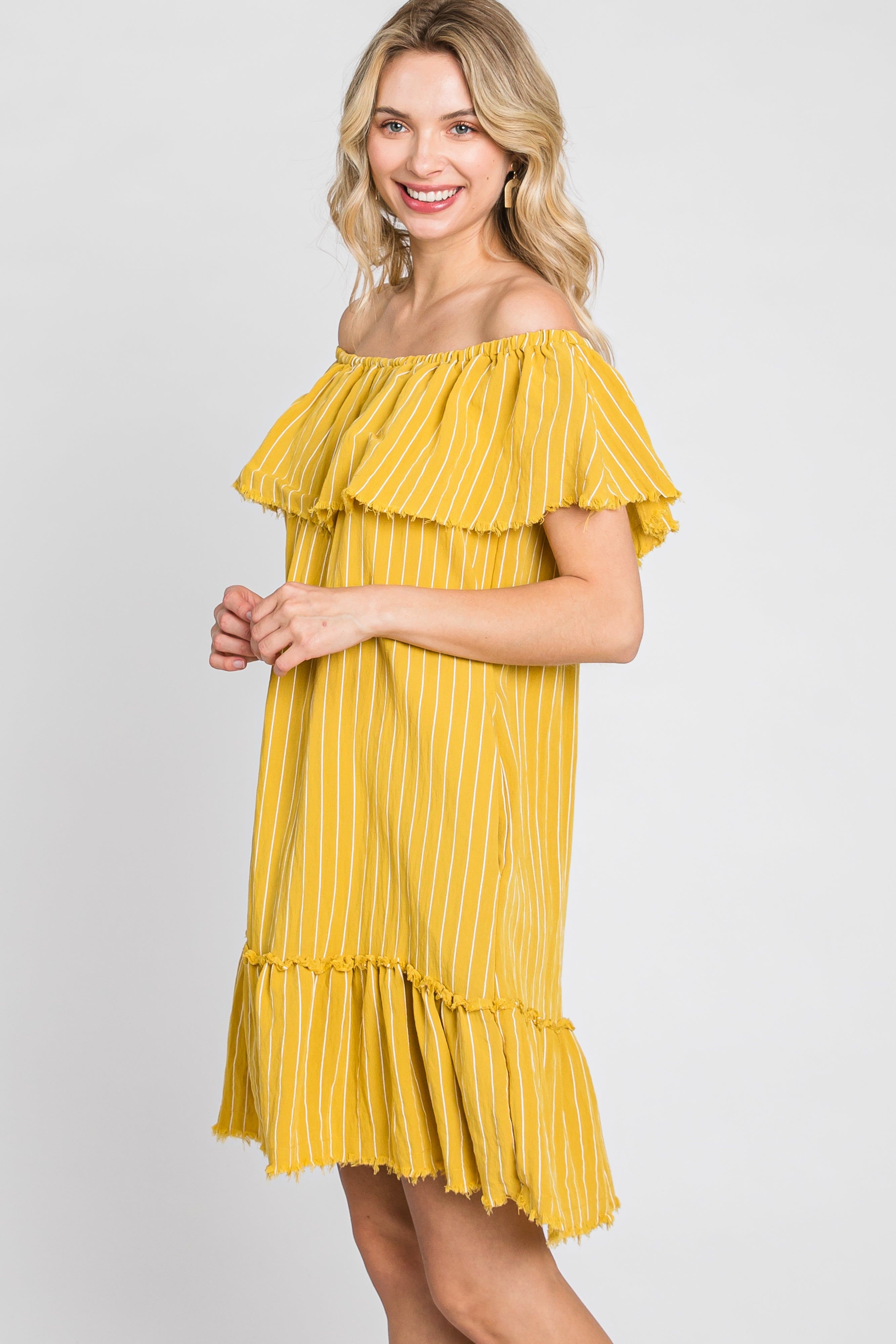 Mustard Striped Off Shoulder Frayed Maternity Dress sold by Pinkblush product image thumbnail 5