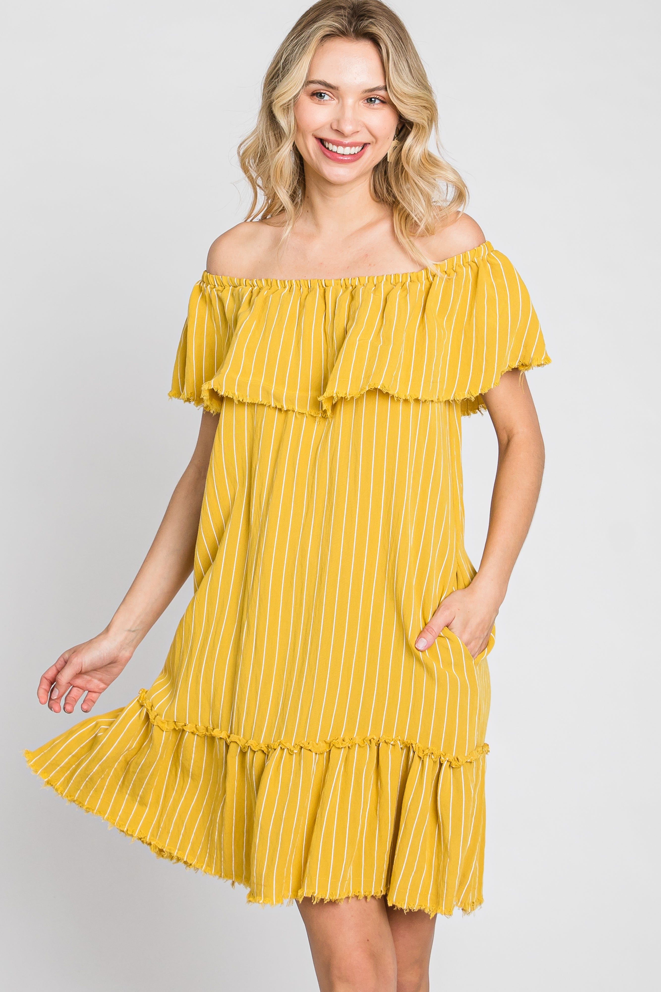 Mustard Striped Off Shoulder Frayed Maternity Dress sold by Pinkblush product image thumbnail 2