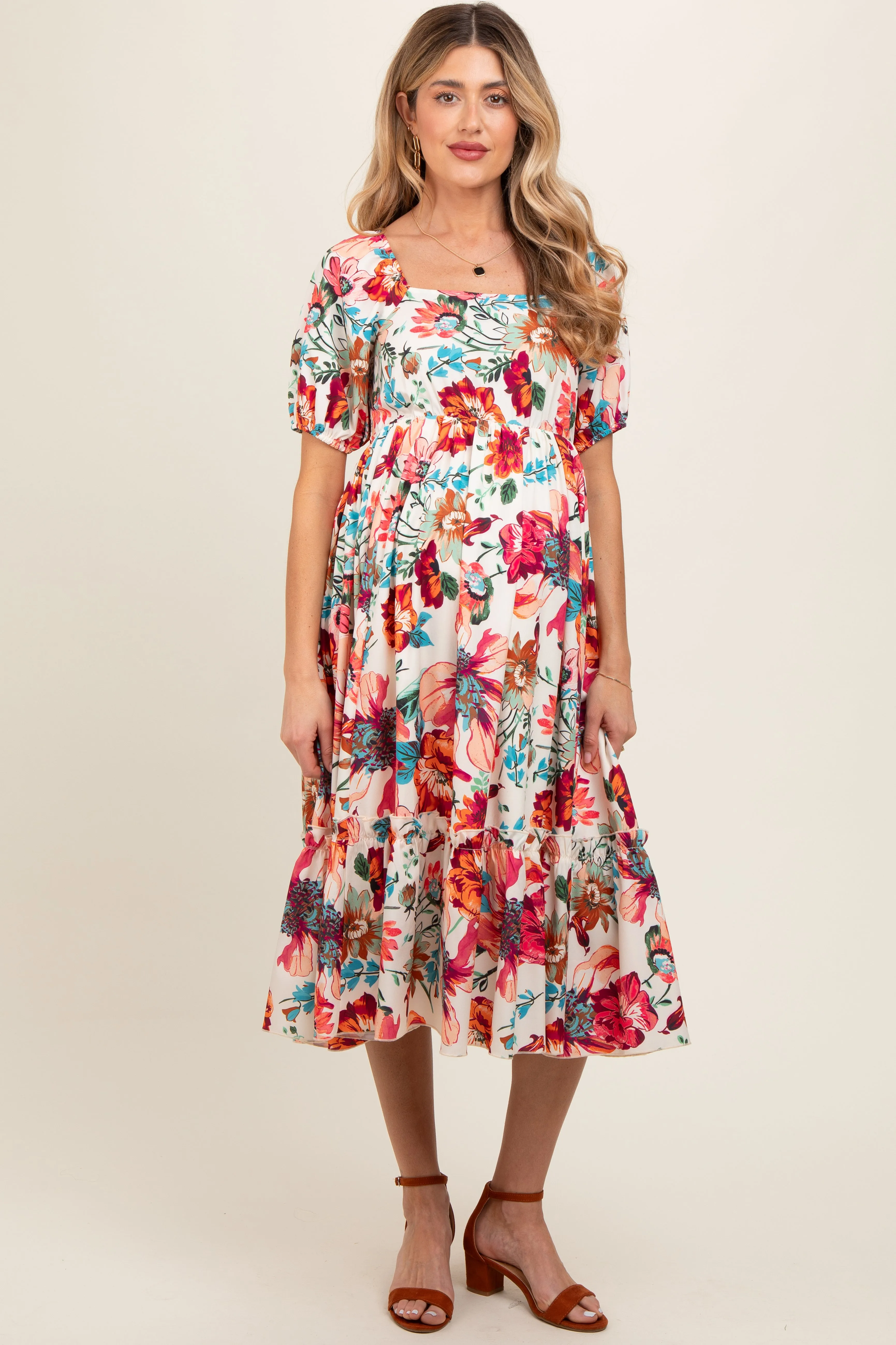 Cream Floral Puff Sleeve Maternity Midi Dress sold by Pinkblush product image thumbnail 2
