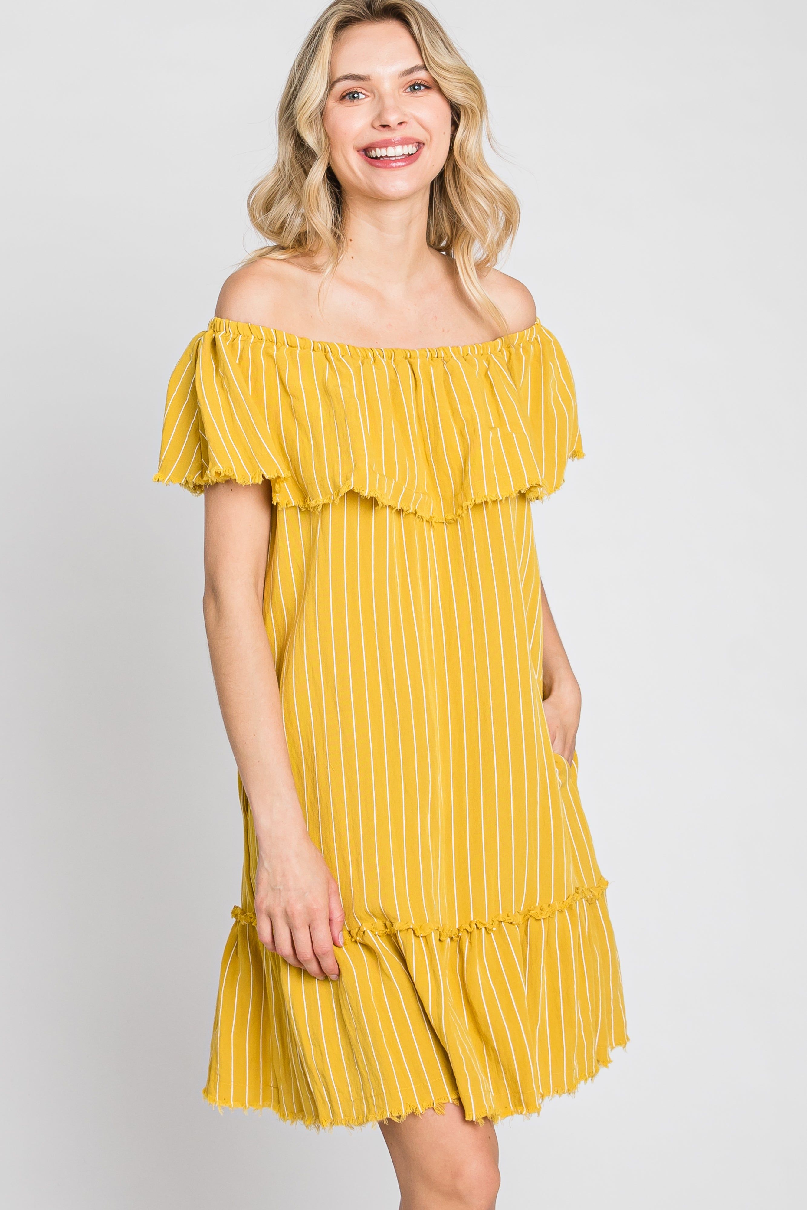 Mustard Striped Off Shoulder Frayed Maternity Dress sold by Pinkblush product image thumbnail 3
