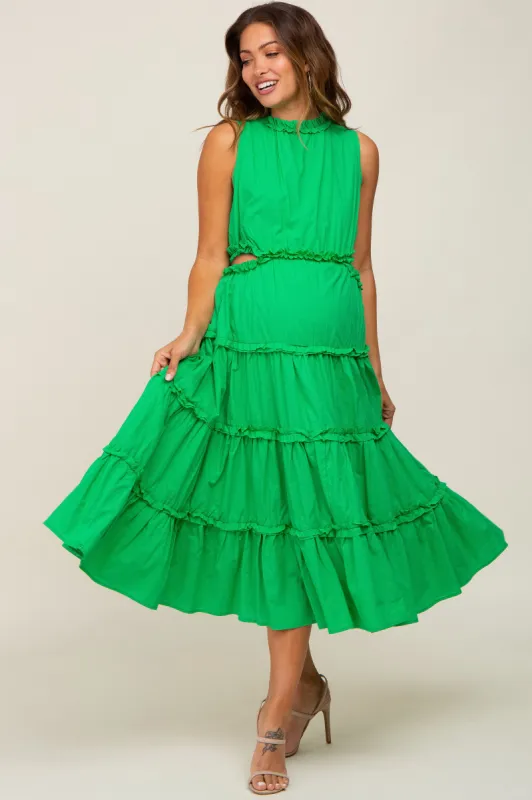Green Tiered Ruffle Cutout Maternity Midi Dress sold by Pinkblush