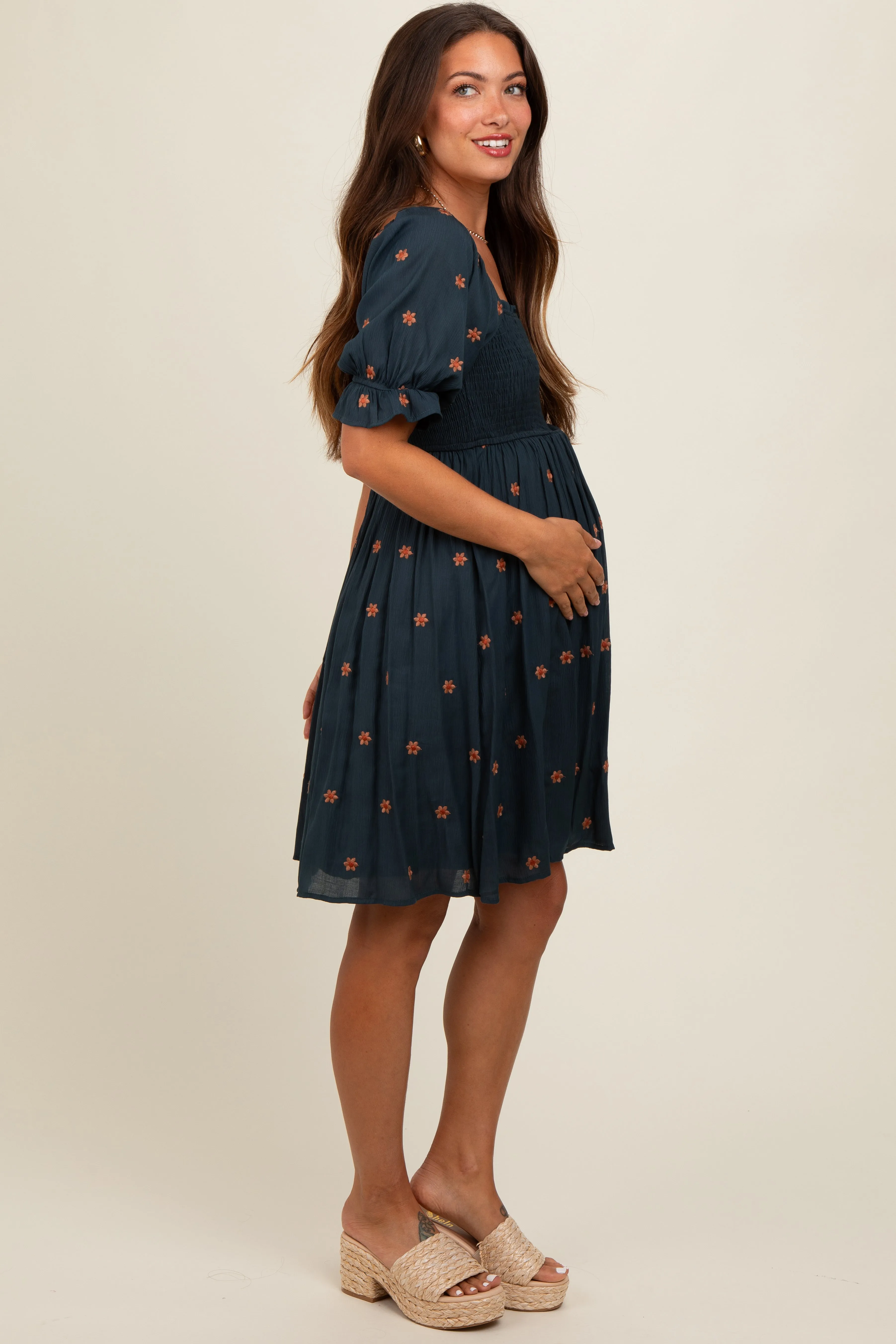 Navy Blue Floral Embroidered Smocked Maternity Dress sold by Pinkblush product image thumbnail 3