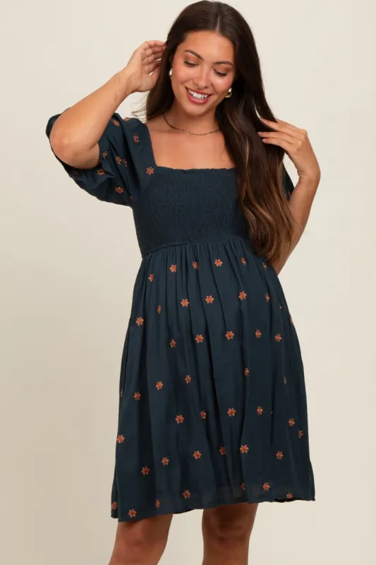 Navy Blue Floral Embroidered Smocked Maternity Dress sold by Pinkblush