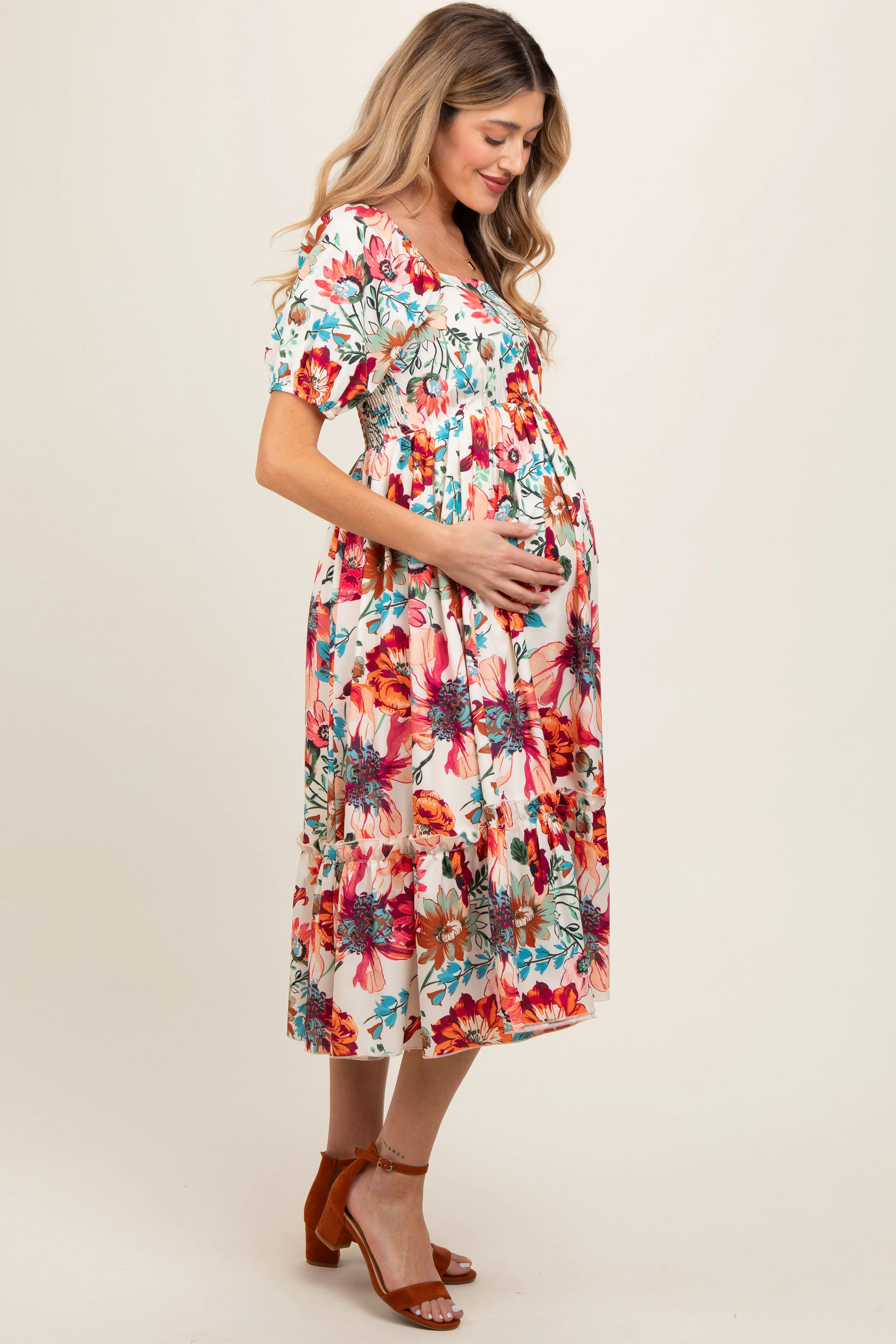 Cream Floral Puff Sleeve Maternity Midi Dress sold by Pinkblush product image thumbnail 3