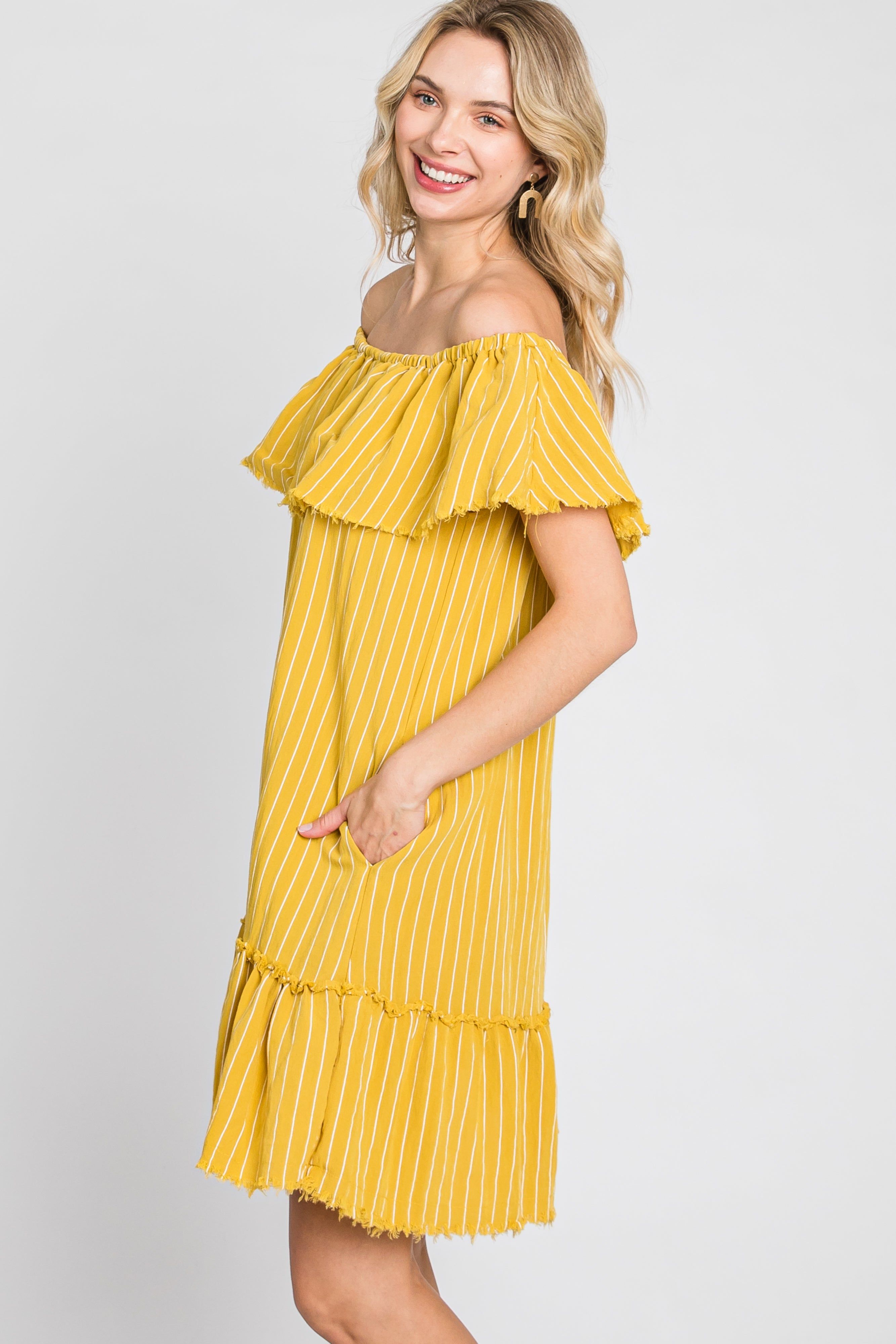 Mustard Striped Off Shoulder Frayed Maternity Dress sold by Pinkblush product image thumbnail 4