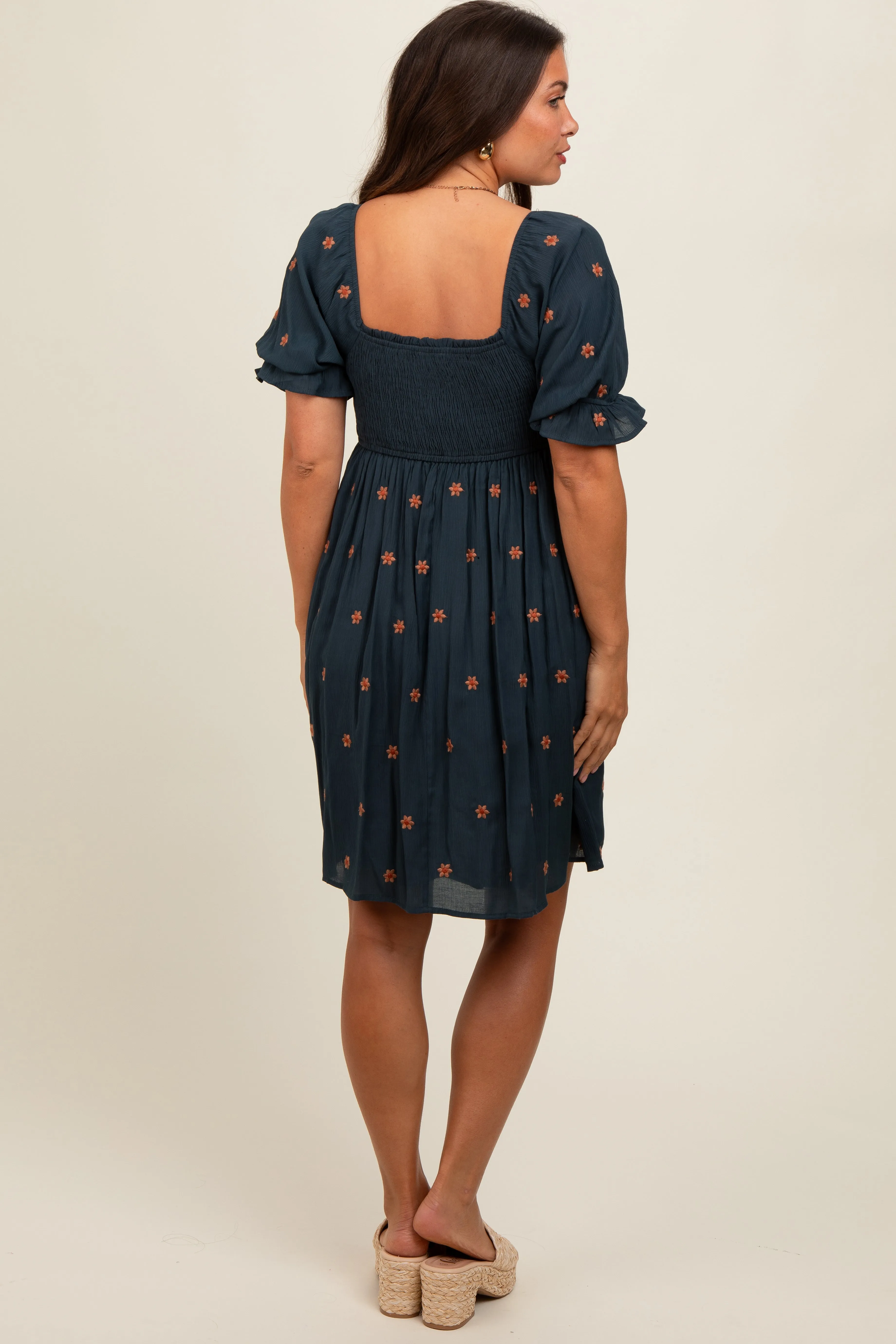 Navy Blue Floral Embroidered Smocked Maternity Dress sold by Pinkblush product image thumbnail 4