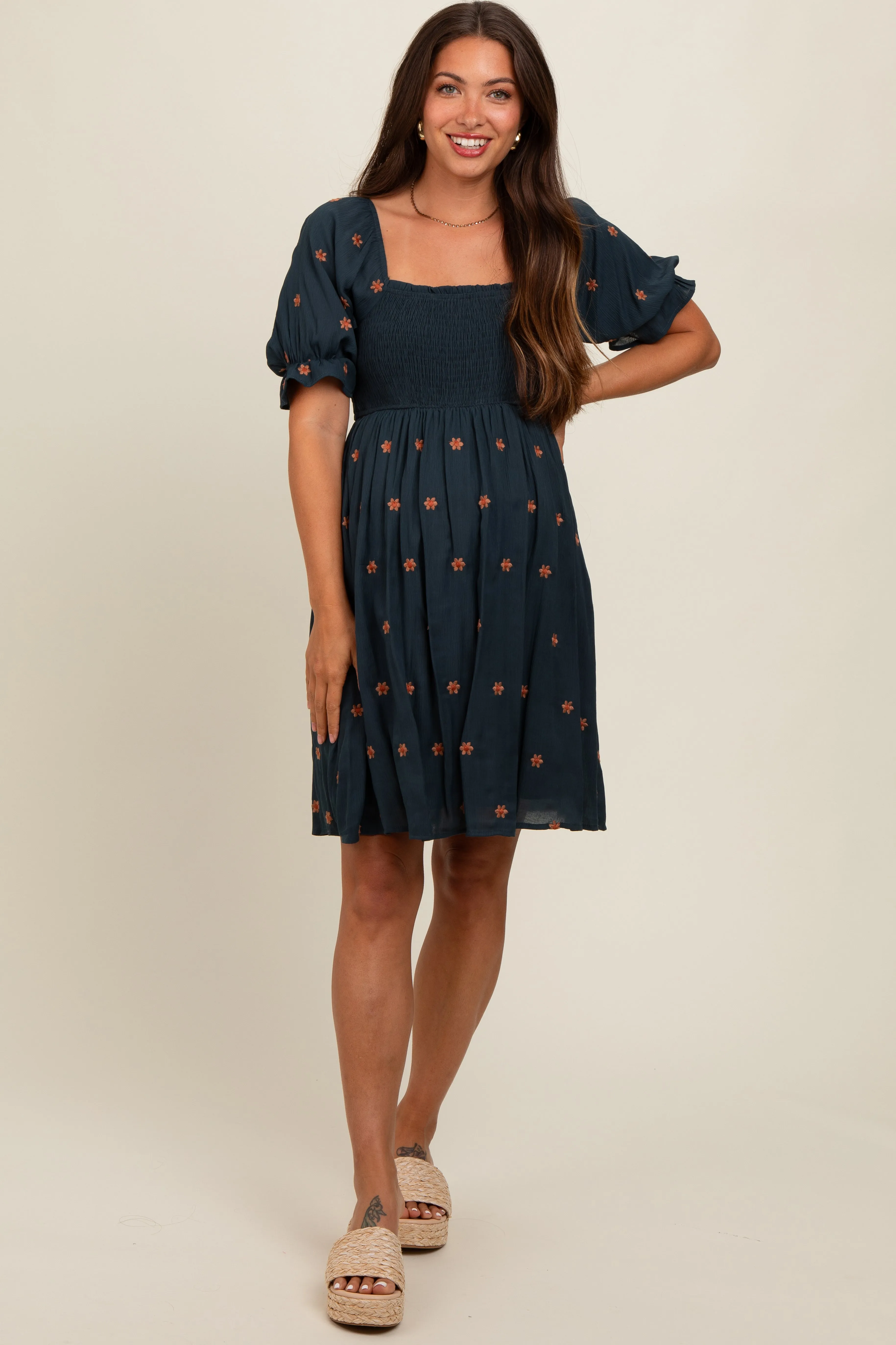 Navy Blue Floral Embroidered Smocked Maternity Dress sold by Pinkblush product image thumbnail 2