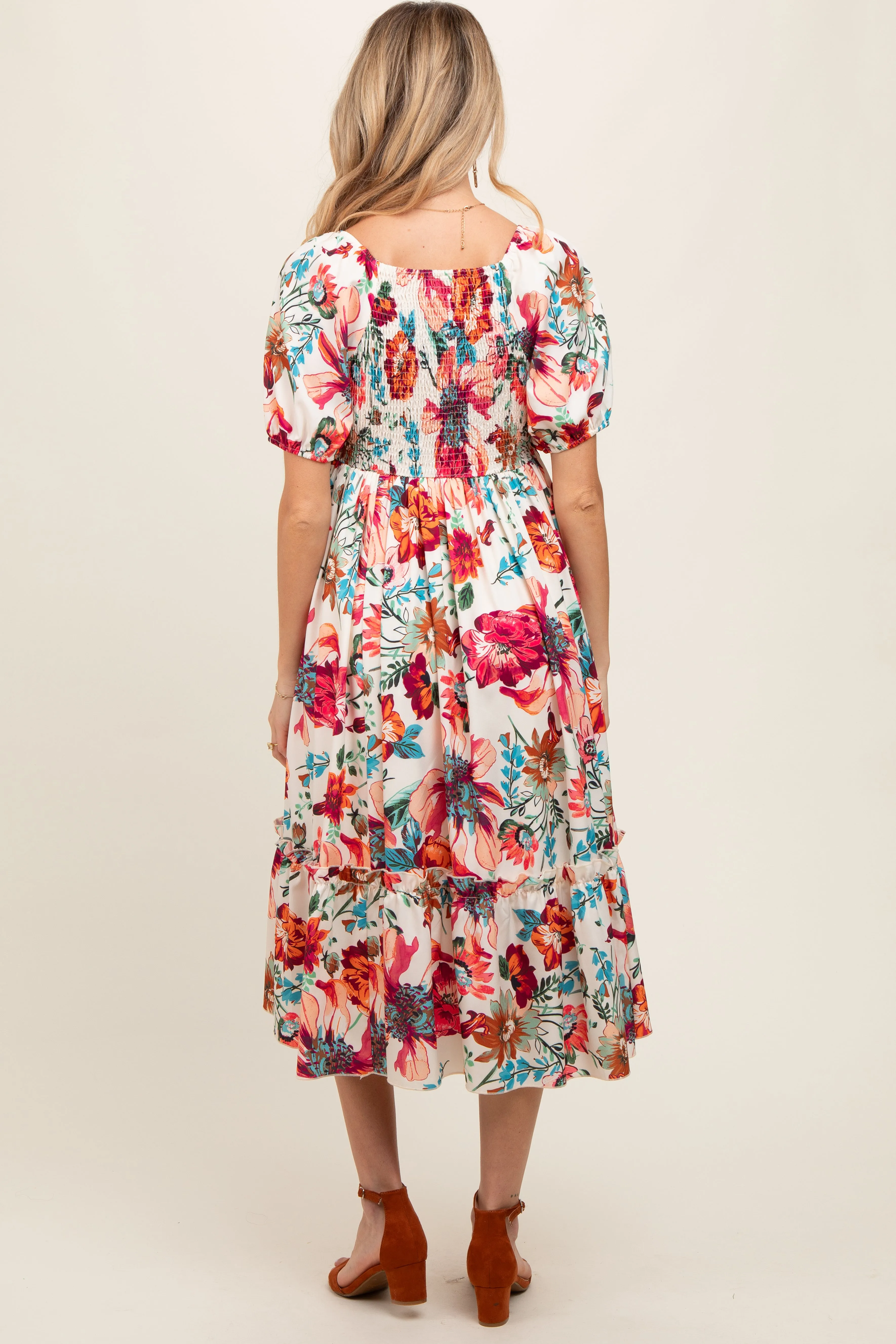 Cream Floral Puff Sleeve Maternity Midi Dress sold by Pinkblush product image thumbnail 4