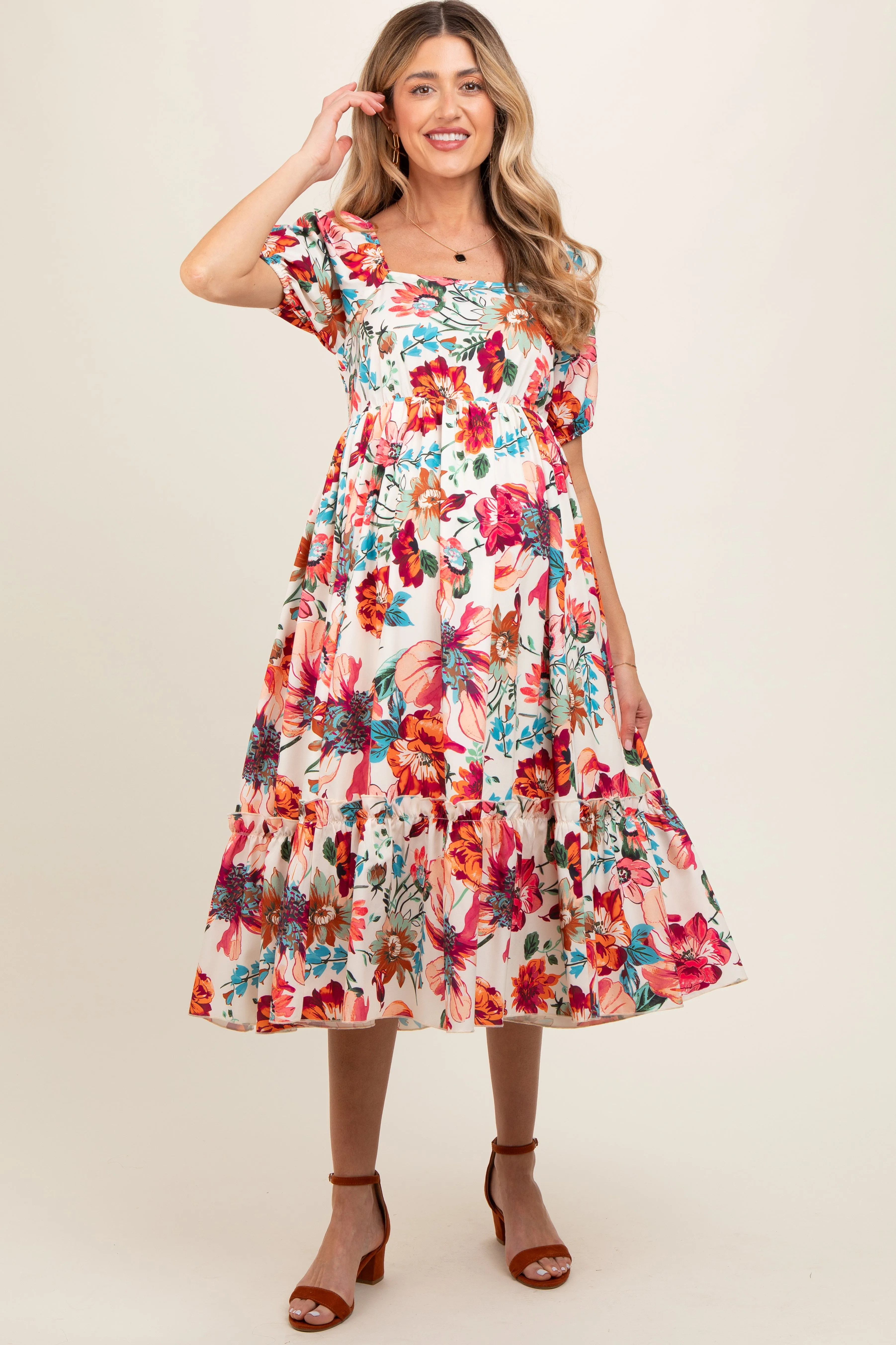 Cream Floral Puff Sleeve Maternity Midi Dress sold by Pinkblush