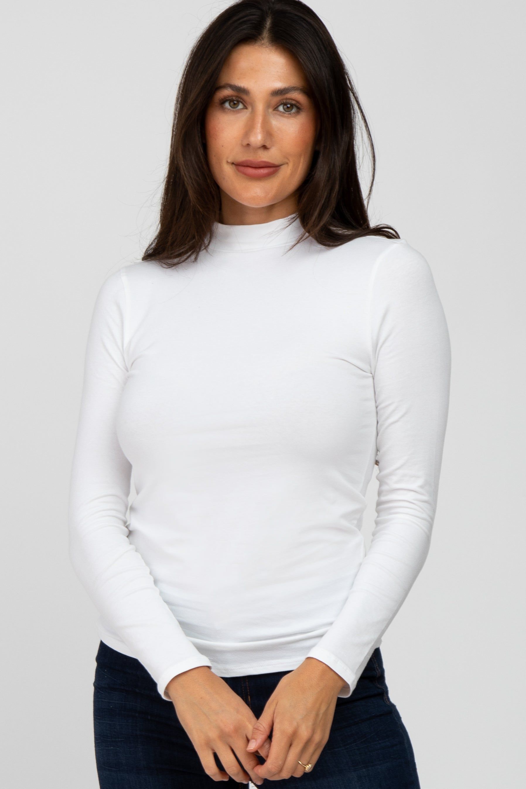 White Fitted Mock Neck Long Sleeve Top sold by Pinkblush